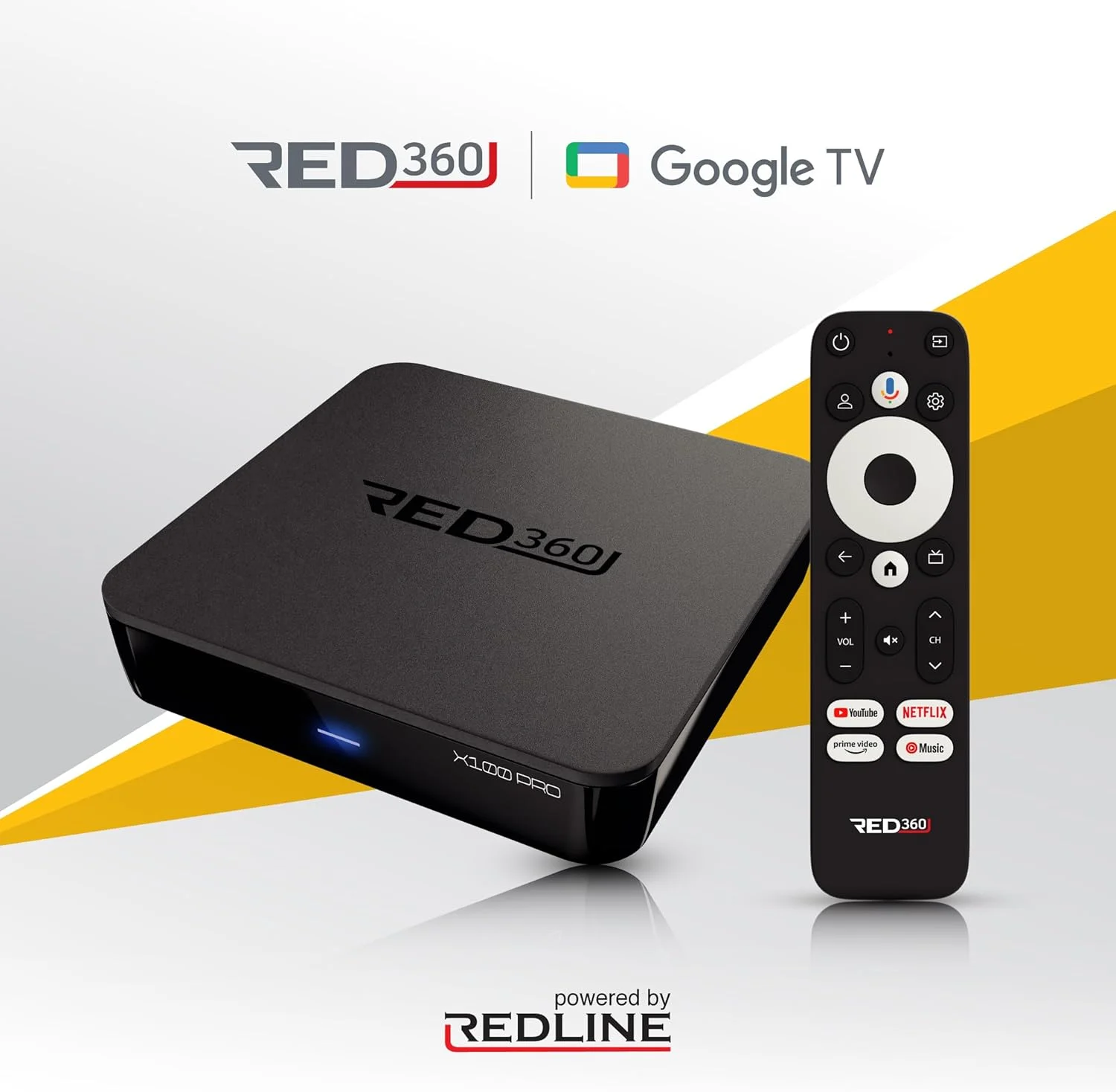 دستگاه پخش رسانه ای RED360 X100 Pro Google TV Box - کیفیت 4K Ultra HD با صدای دالبی، وای فای دو بانده، بلوتوث، گوگل کست، 2 گیگابایت رم، 16 گیگابایت حافظه، نتفلیکس، یوتیوب، دیزنی پلاس، پرایم ویدیو