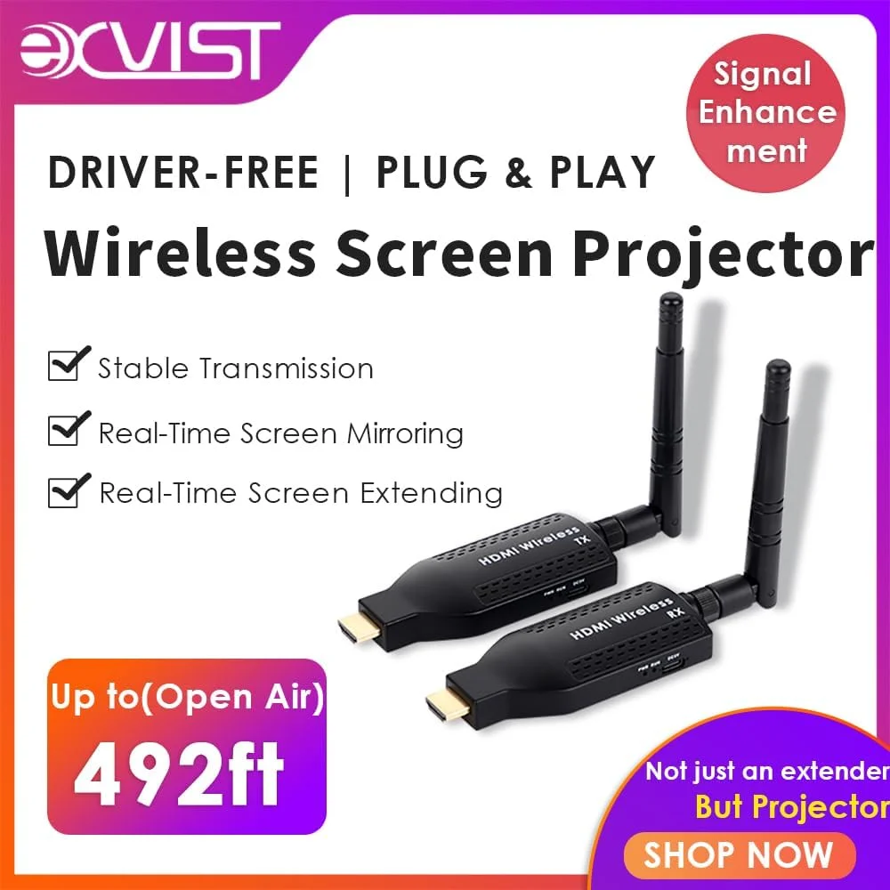 کیت فرستنده و گیرنده HDMI بی سیم قابل حمل EXVIST - برد بلند 492t، پخش جریانی HD 1080P، اتصال آسان برای تلویزیون/پروژکتور - ایده آل برای سینمای خانگی، ارائه های اداری