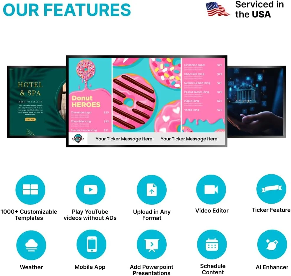 پخش کننده نمایشگر دیجیتال EZ-AD TV، کیت پخش کننده 4K نمایشگر دیجیتال، ارسال خودکار محتوا، کنترل شده توسط ابر، ارائه پاورپوینت خود را اضافه کنید، طرح رایگان و برنامه موبایل، هزاران قالب