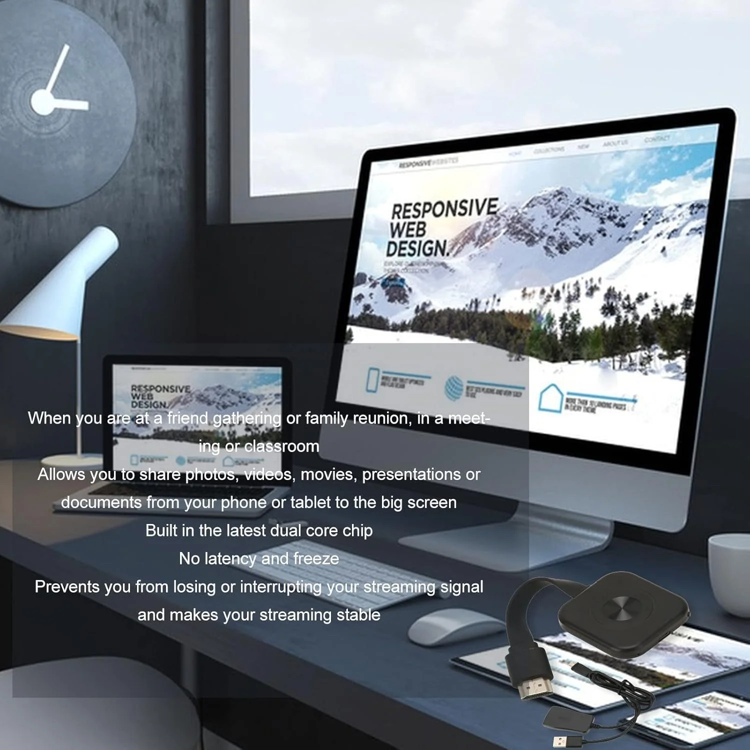 دانگل نمایشگر بی‌سیم Elprico، HD 1080P 60Hz G 2.4G آداپتور نمایشگر وای فای تراشه دو هسته ای با رابط چند رسانه ای HD برای iOS 8.0، برای اندروید 6.0