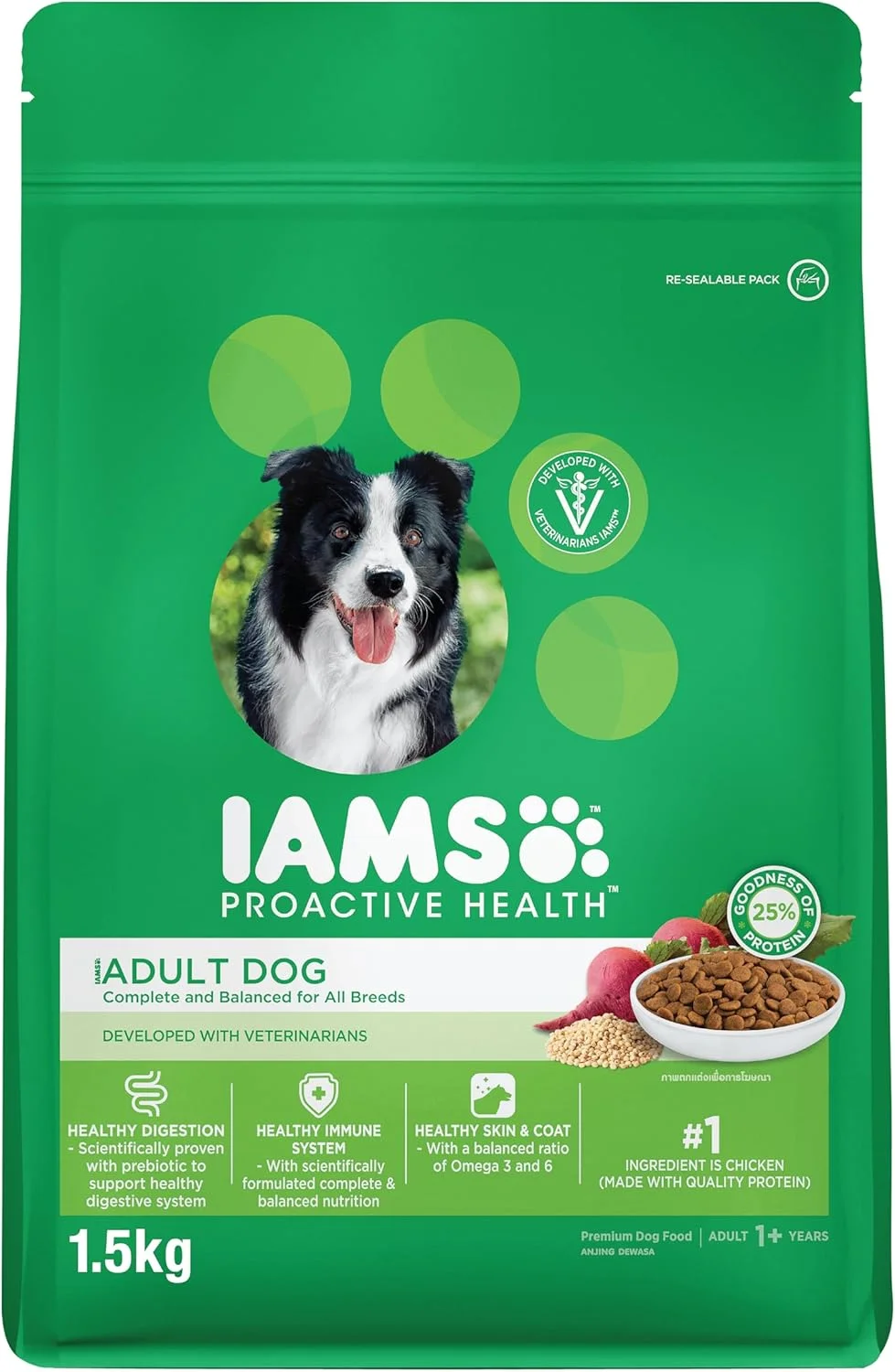 غذای خشک سگ بالغ IAMS Proactive Health، 1.5 کیلوگرم، مواد مغذی کامل و متعادل برای همه نژادها