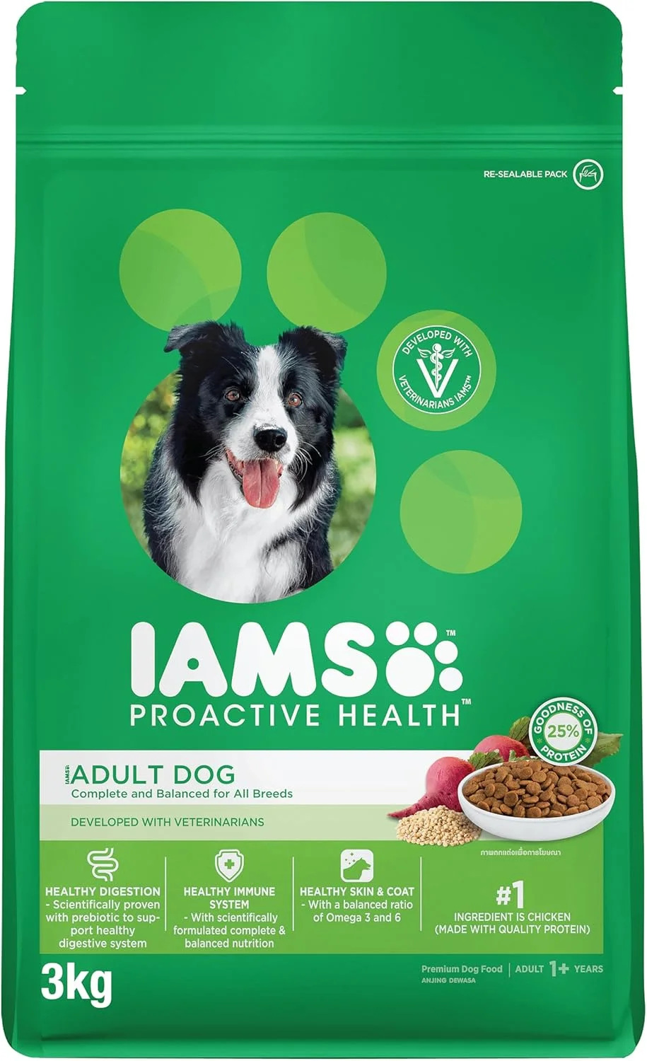 غذای خشک سگ بالغ IAMS Proactive Health، ۳ کیلوگرم، مواد مغذی کامل و متعادل برای همه نژادها