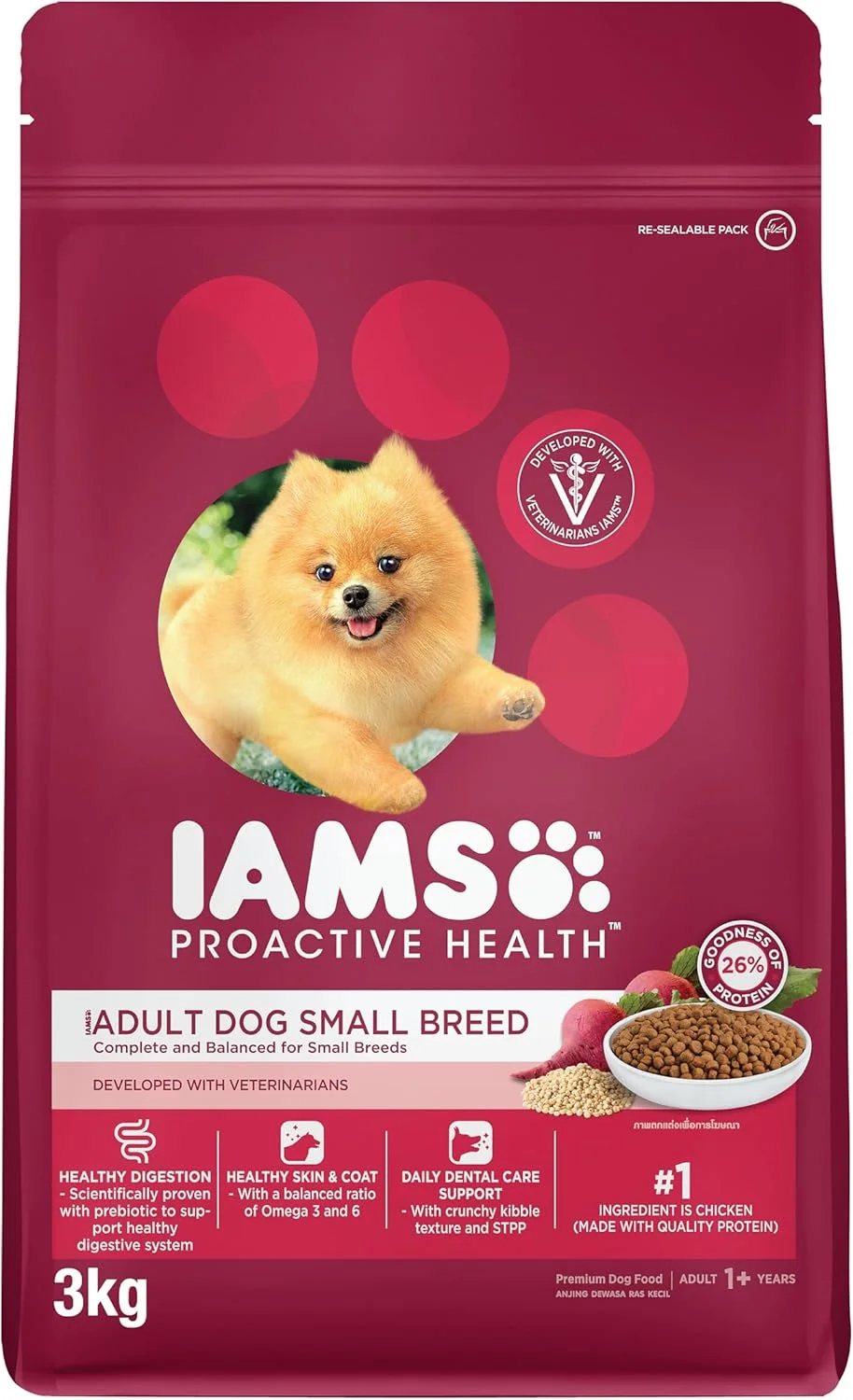 غذای خشک سگ نژاد کوچک بالغ IAMS Proactive Health، 3 کیلوگرم، غذای خشک کامل و متعادل برای نژادهای کوچک
