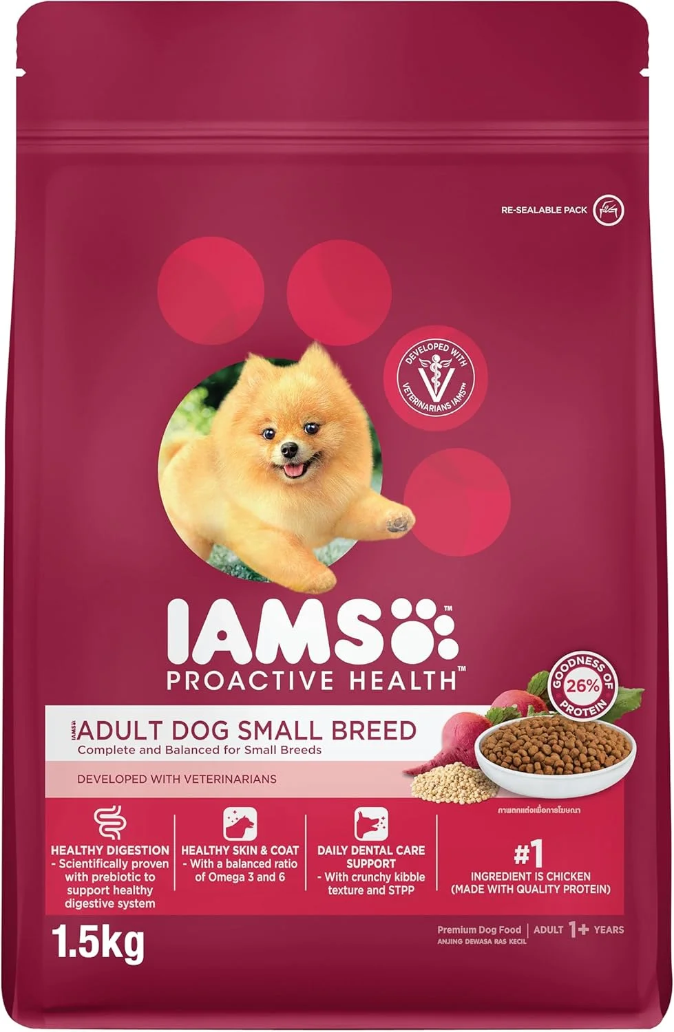 غذای خشک سگ نژاد کوچک بالغ IAMS Proactive Health، 1.5 کیلوگرم، غذای خشک کامل و متعادل برای نژادهای کوچک
