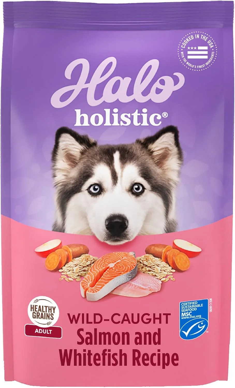 غذای خشک سگ هالیو هالستیک با طعم ماهی سالمون و ماهی سفید صید شده در طبیعت، غلات سالم، غذای خشک سگ برای سلامت کامل دستگاه گوارش، غذای خشک برای سگ های بالغ، کیسه 10 پوندی