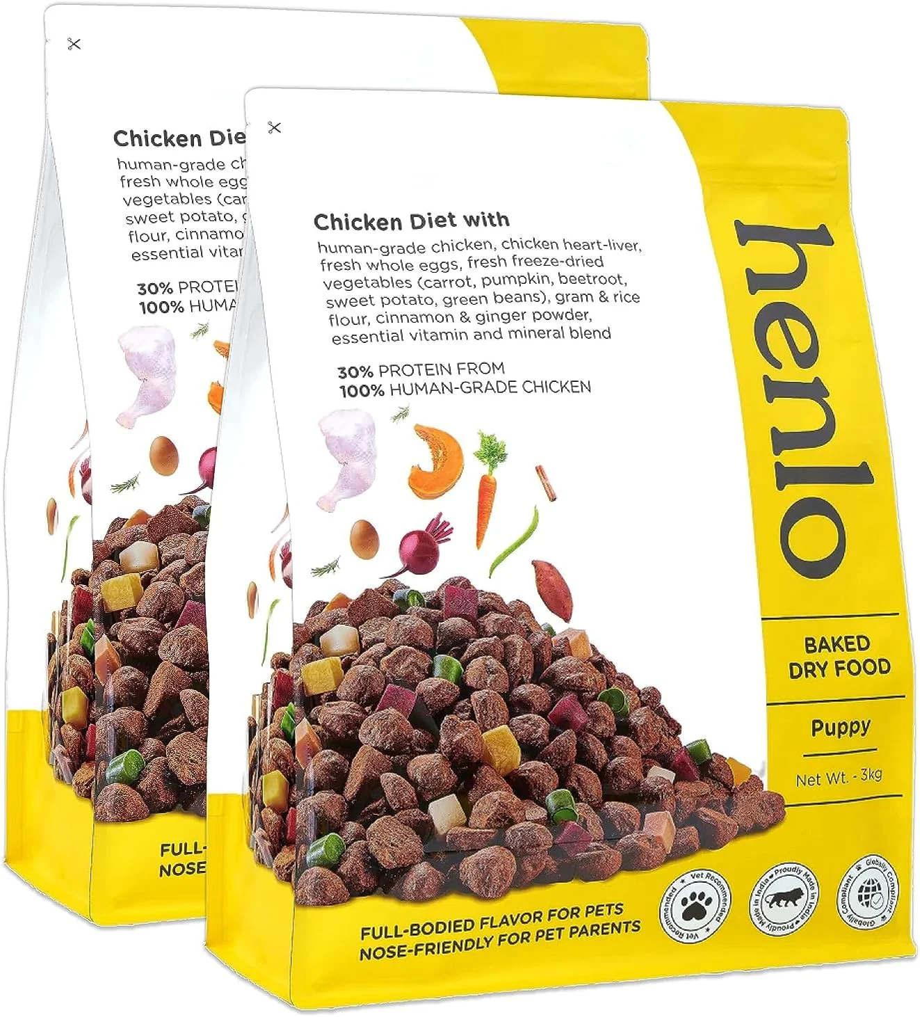 غذای خشک پخته شده سگ هنلو برای توله سگ ها | 6 کیلوگرم (2 بسته 3 کیلوگرمی) | سن 1 تا 12 ماهگی | غذای سگ سالم و متعادل از نظر تغذیه | فرمول سازگار با روده | 100% مواد تشکیل دهنده با کیفیت انسانی | مناسب برای همه نژادها