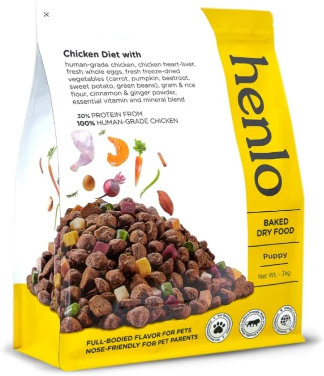 غذای خشک پخته شده سگ هنلو برای توله سگ ها | 3 کیلوگرم | 100% مواد تشکیل دهنده با کیفیت انسانی | غذای سگ سالم و متعادل از نظر تغذیه ای | طعم مرغ | مناسب برای همه نژادها