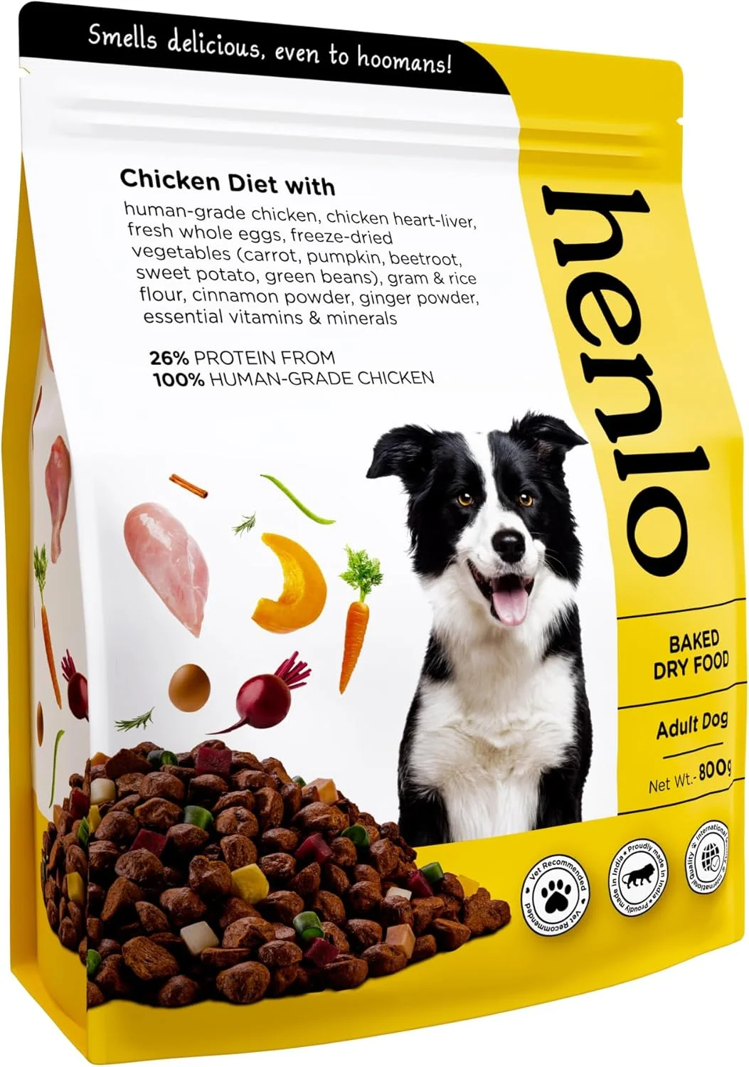 غذای خشک پخته شده سگ بالغ هنلو | 1 کیلوگرم | 100% مواد تشکیل دهنده با گرید انسانی | غذای سگ سالم و متعادل از نظر تغذیه ای | طعم مرغ | مناسب برای همه نژادها، بسته 1 عددی