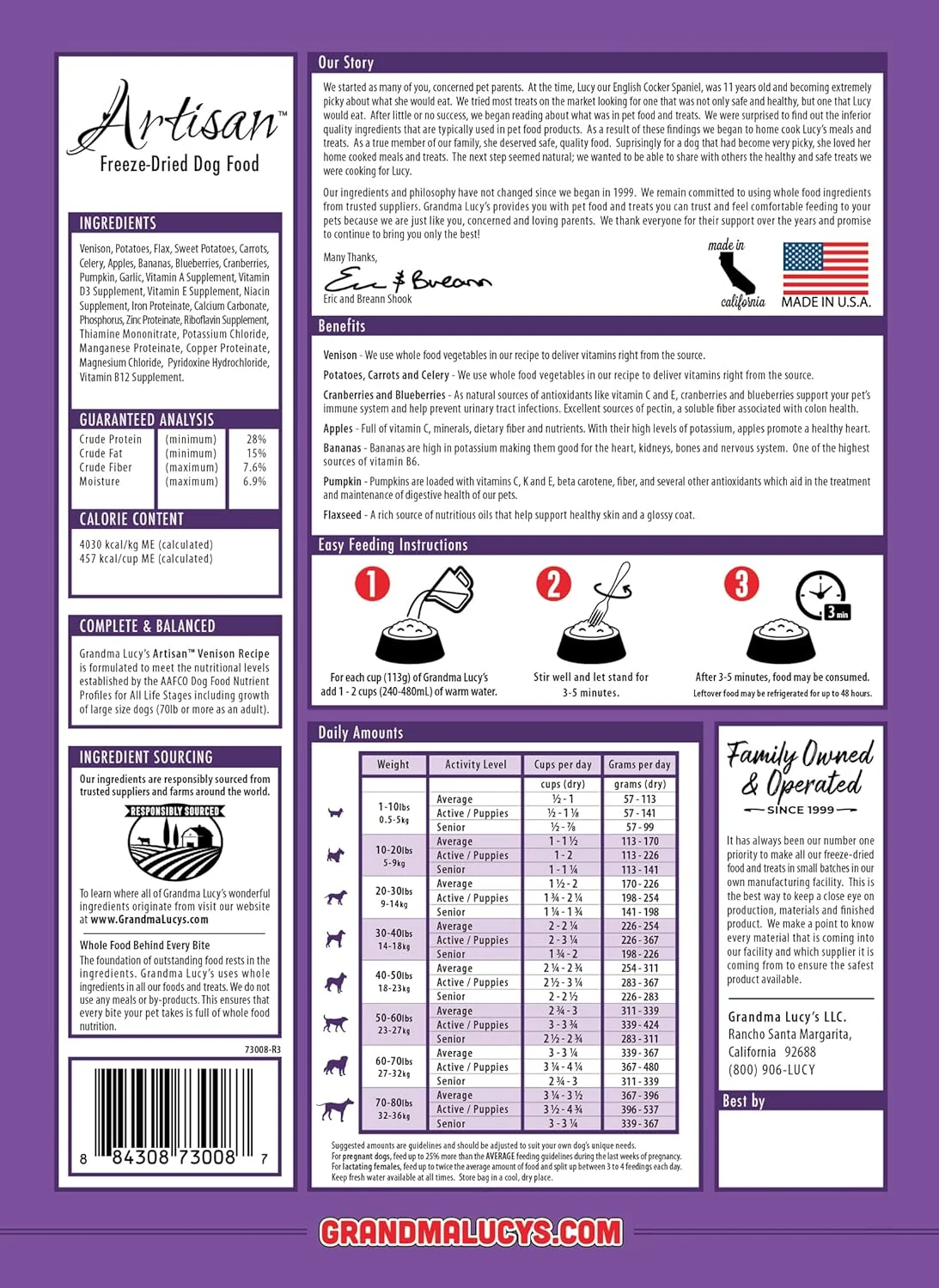 غذای سگ Grandma Lucy's Artisan، بدون غلات و خشک شده انجمادی - گوشت گوزن Artisan، کیسه 3 پوندی