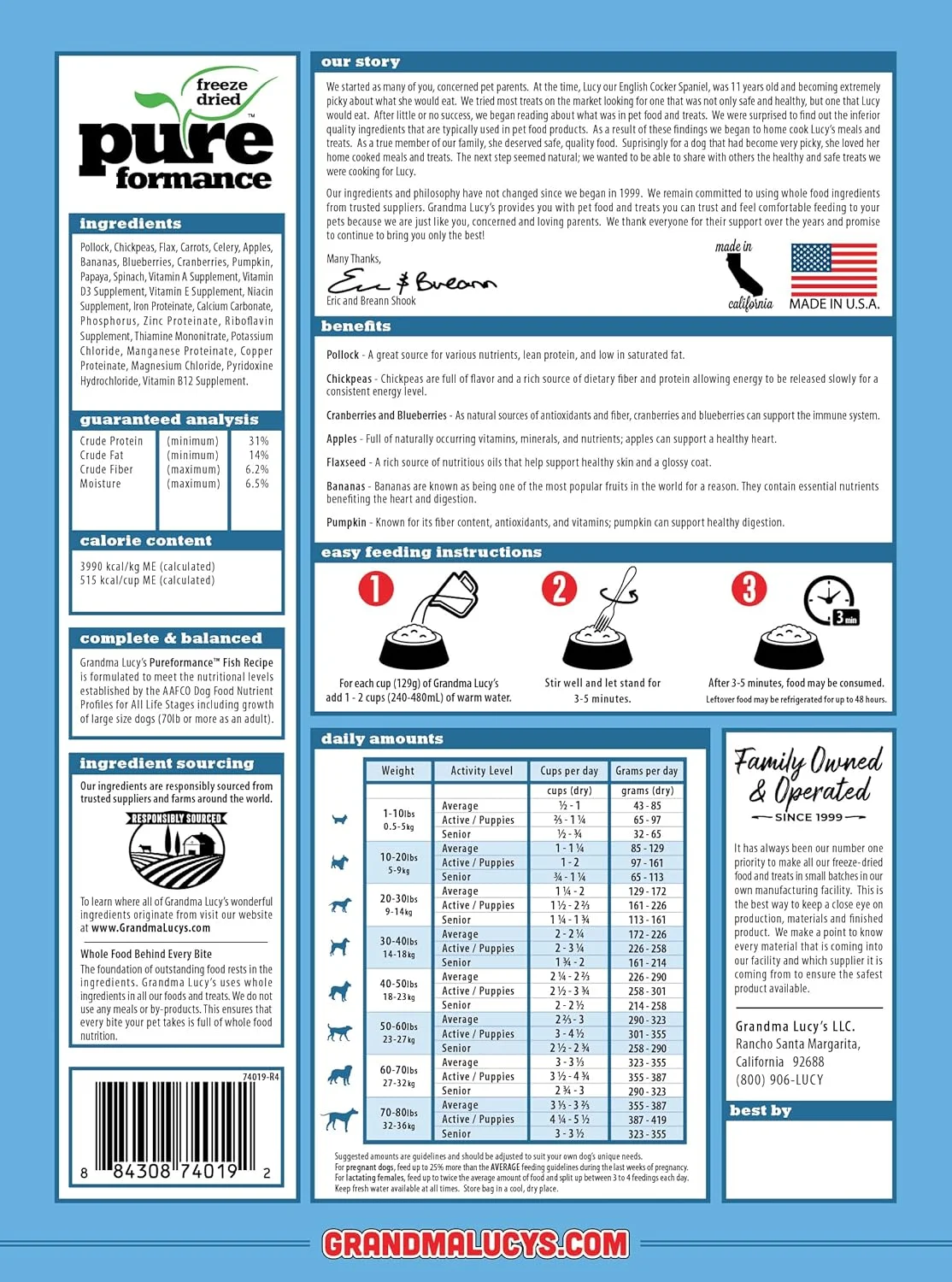 غذای سگ گرندما لوسی PUREformance، بدون غلات و خشک شده انجمادی - ماهی، کیسه 10 پوندی