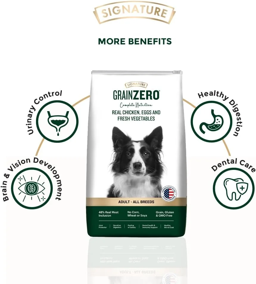 غذای خشک سگ بالغ با طعم مرغ واقعی، تخم مرغ و سبزیجات بدون غلات Grain Zero Signature وزن ۱.۲ کیلوگرم