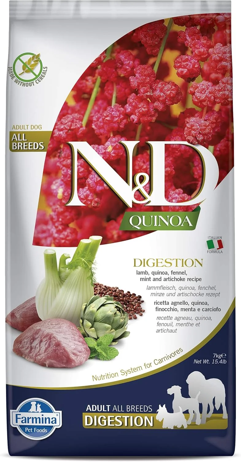 غذای خشک سگ فارمینا N&D Quinoa Digestion، بدون غلات، مخصوص نژاد بالغ، 7 کیلوگرم، طعم بره، نعناع و رازیانه