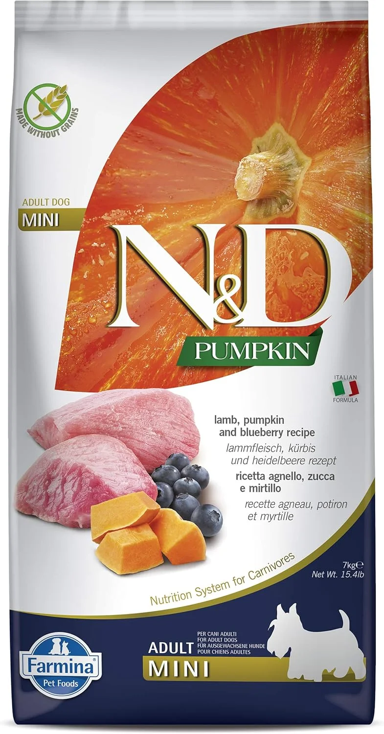 غذای خشک سگ بالغ نژاد کوچک فارمینا N&D بدون غلات با طعم کدو تنبل، گوشت بره و بلوبری، 7 کیلوگرم