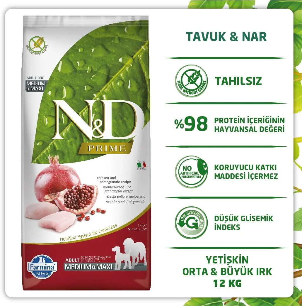 غذای سگ بالغ نژاد بزرگ فارمینا N&D پرایم مرغ و انار 12 کیلوگرمی