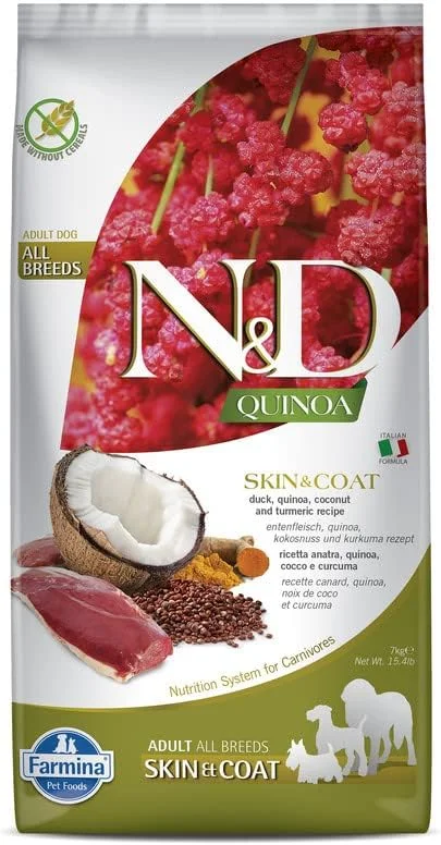 غذای خشک سگ فارمینا N&D با طعم اردک، نارگیل و زردچوبه، مناسب پوست و مو، بدون غلات، مخصوص سگ های بالغ، 7 کیلوگرمی