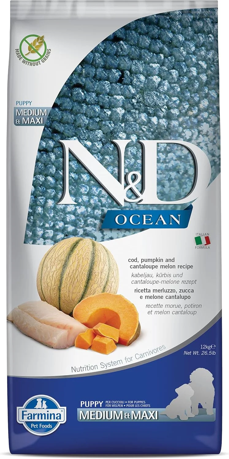 غذای خشک سگ فارمینا N&D Ocean با طعم ماهی کاد، کدو تنبل و طالبی - بدون غلات - غذای خشک سگ - توله سگ نژاد مدیوم و ماکسی (12 کیلوگرم)، 1 عدد