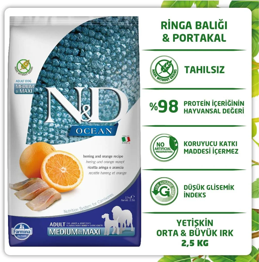 غذای خشک سگ بالغ نژاد متوسط و بزرگ فارمینا N&D اقیانوس، طعم شاه ماهی و پرتقال - 2.5 کیلوگرم