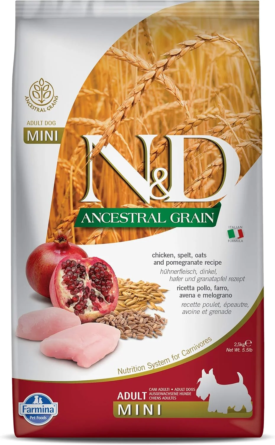 غذای خشک سگ بالغ نژاد مینی با طعم مرغ و انار N&D Ancestral Grain فارمینا پت فودز، 2.5 کیلوگرم (بسته 1 عددی)