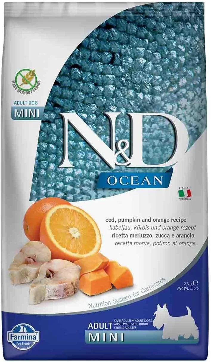 غذای خشک سگ بالغ نژاد مینی فارمینا N&D Ocean، بدون غلات، 2.5 کیلوگرم، ماهی کاد، کدو تنبل و پرتقال