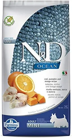 غذای خشک سگ بالغ نژاد مینی فارمینا N&D Ocean، بدون غلات، 7 کیلوگرم، ماهی کاد، کدو تنبل و پرتقال