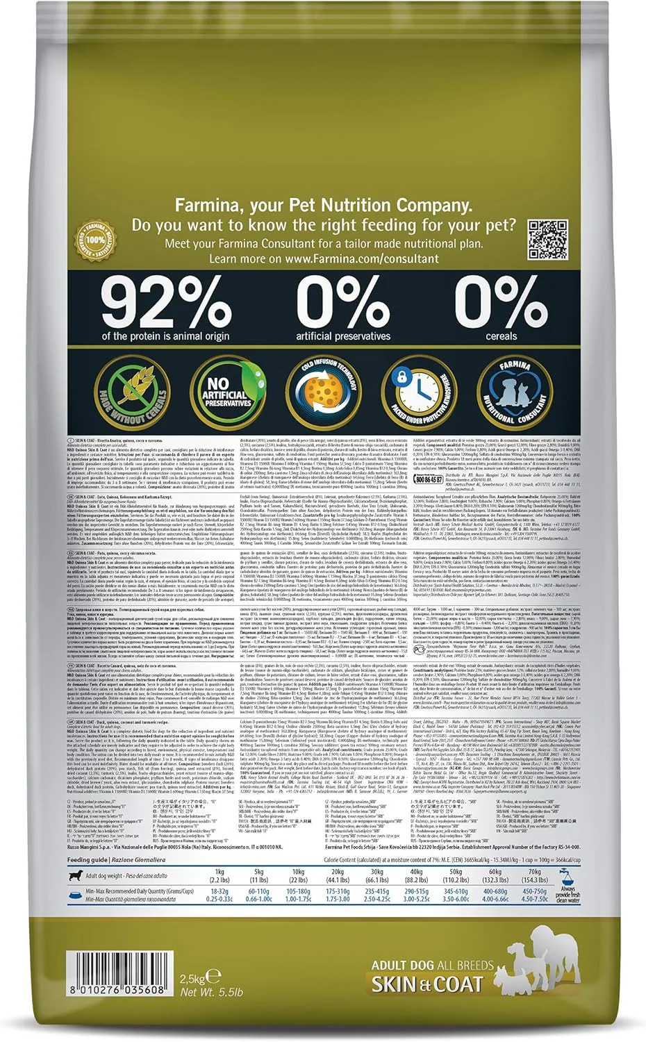 غذای سگ فارمینا با کینوا، مخصوص پوست و مو، با طعم اردک، 2.5 کیلوگرم