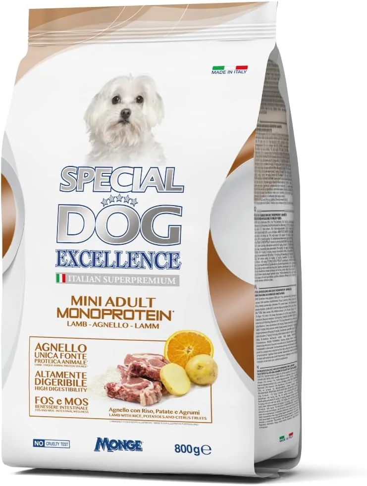 غذای خشک سگ بالغ نژاد کوچک Special Dog Excellence by Monge | تک پروتئین بره، برنج، سیب زمینی، تخم کتان و مرکبات | پشتیبانی از هضم و سلامت پوست و مو | بسته 800 گرمی | ساخت ایتالیا