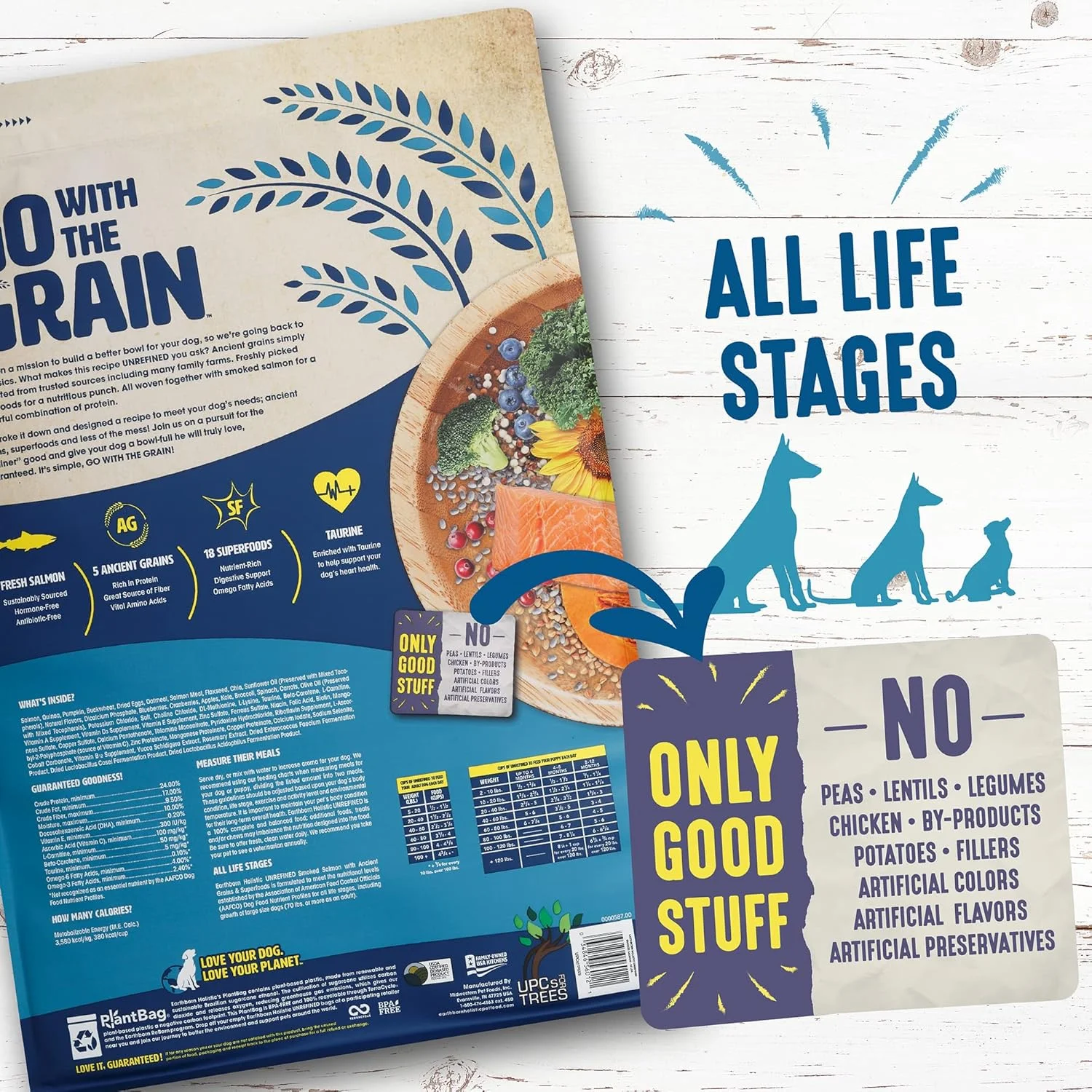 غذای خشک سگ و توله سگ Earthborn Holistic Unrefined با غلات باستانی و سوپرفودها، 11.3 کیلوگرم. به طور ویژه در کارخانه متعلق به خانواده ما تهیه شده است.