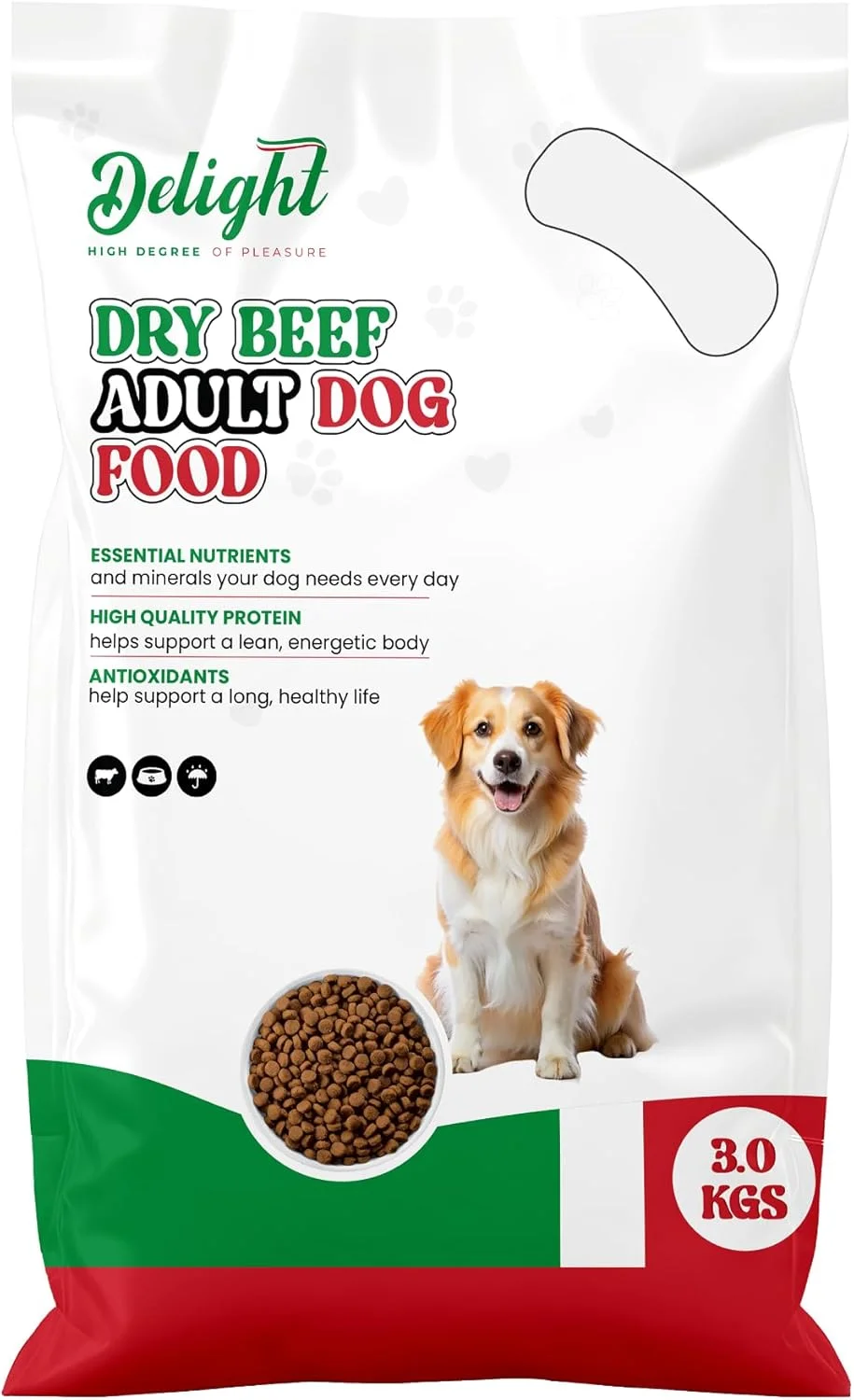 غذای خشک سگ بالغ با طعم گوشت گاو DELIGHT، ۳ کیلوگرم - تغذیه متعادل برای سگ های بالغ فعال