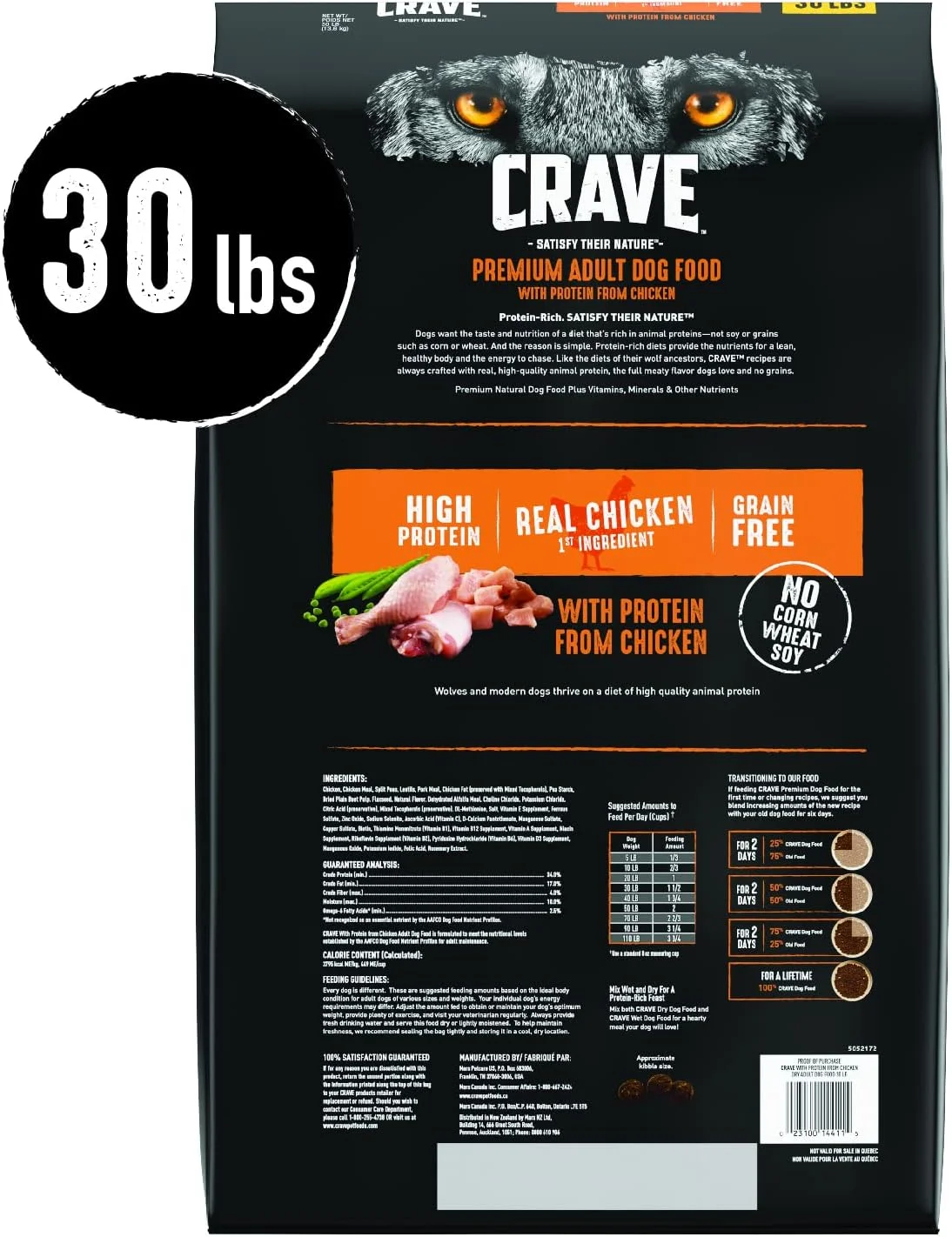 غذای خشک سگ بالغ بدون غلات با پروتئین بالا Crave، طعم مرغ، کیسه 30 پوندی