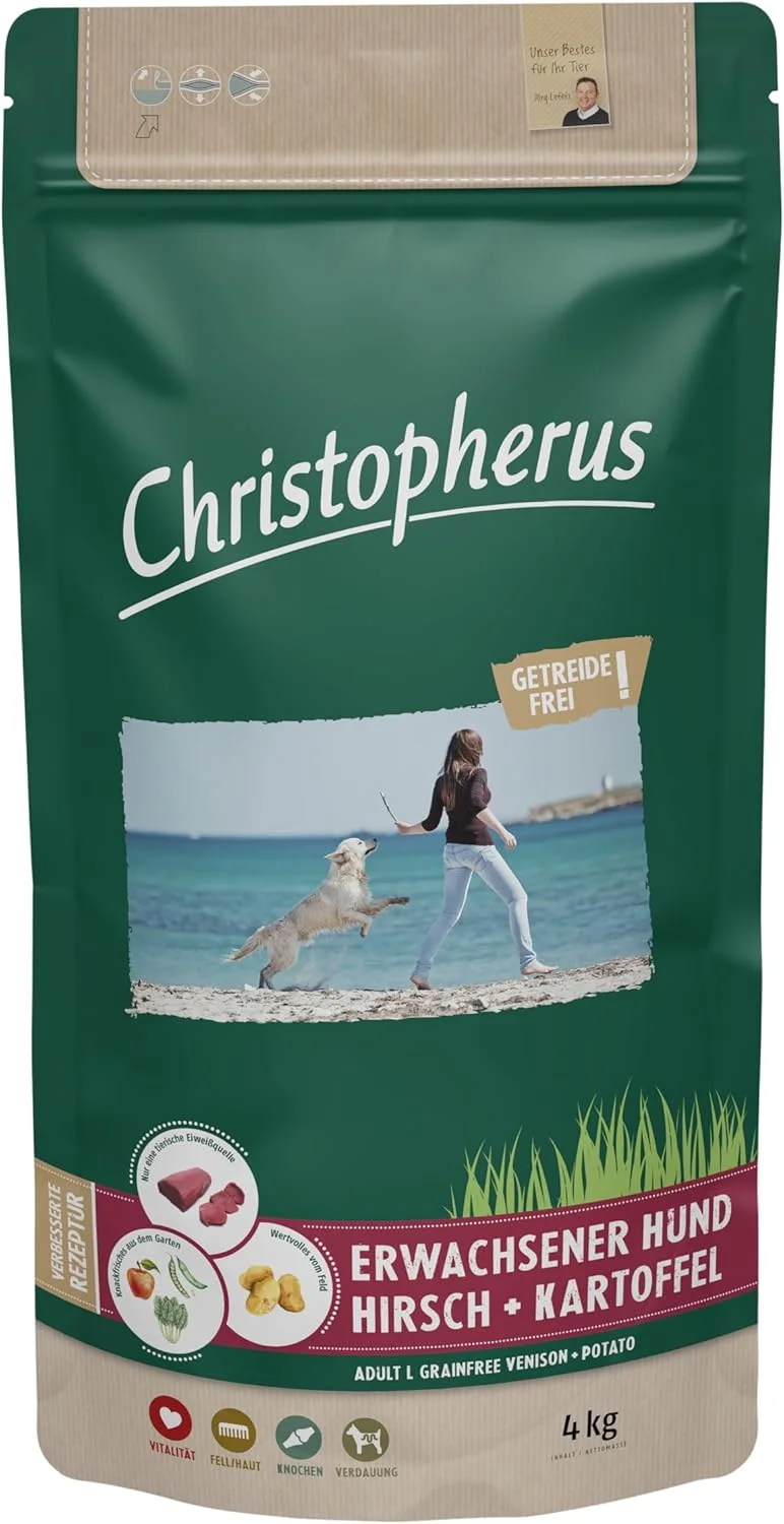 غذای خشک بدون غلات کریستوفروس، تغذیه کامل برای سگ بالغ با فعالیت نرمال، غذای خشک، گوشت گوزن + سیب زمینی، اندازه دانه حدود 1 سانتی متر، سگ بالغ، 12 کیلوگرم