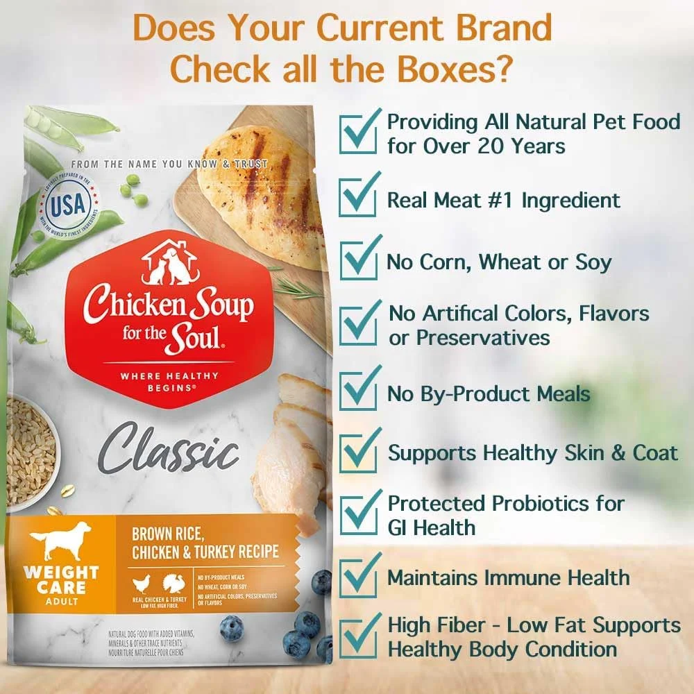 غذای خشک سگ Chicken Soup for The Soul مخصوص کنترل وزن، برنج قهوه ای، مرغ و بوقلمون، کیسه 6.1 کیلوگرمی | بدون سویا، بدون ذرت، بدون گندم | غذای خشک سگ تهیه شده با مواد اولیه واقعی