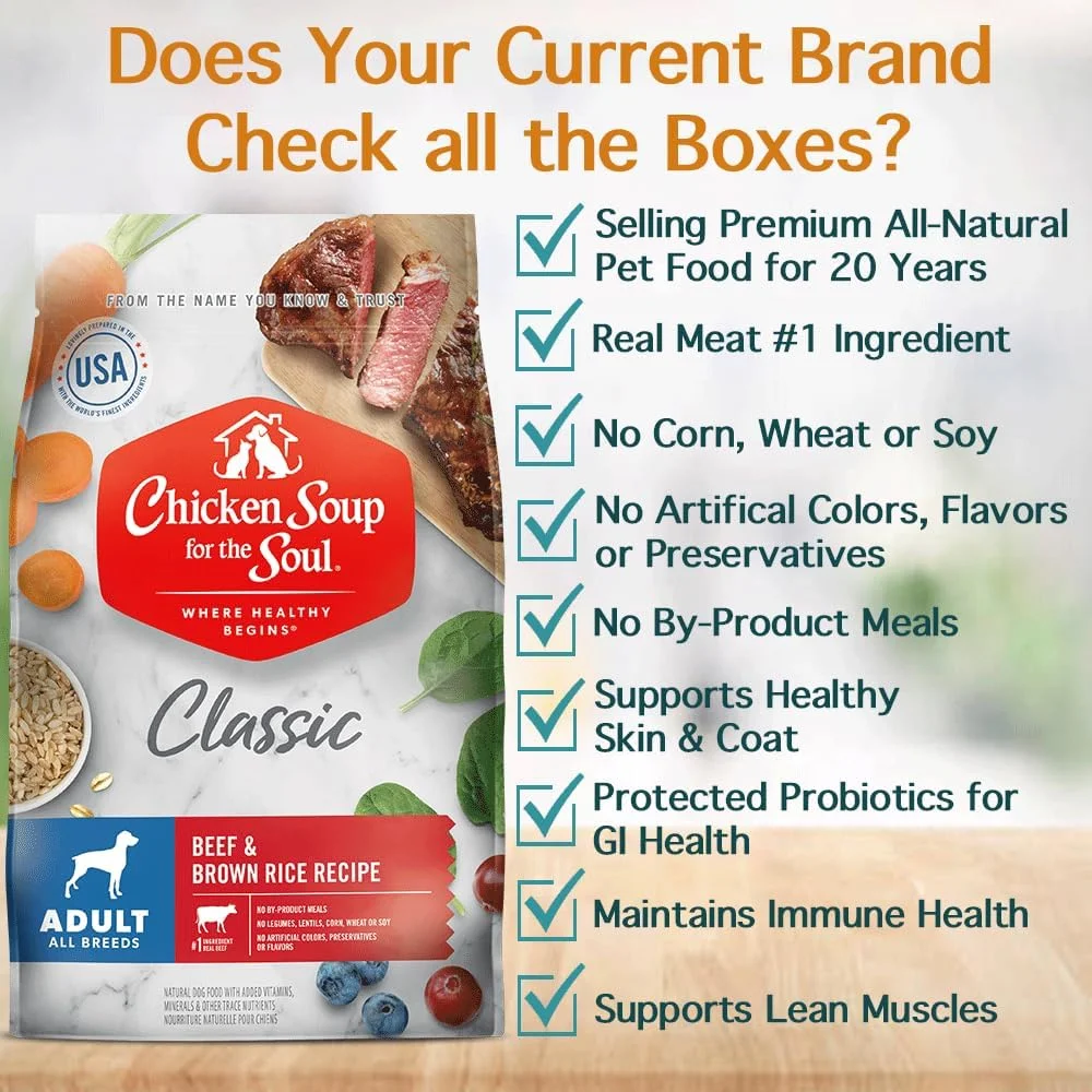 غذای سگ بالغ Chicken Soup for the Soul - دستور پخت گوشت گاو و برنج قهوه ای 4.5 پوندی، غذای خشک سگ بدون سویا، بدون ذرت و بدون گندم، تهیه شده با مواد اولیه واقعی
