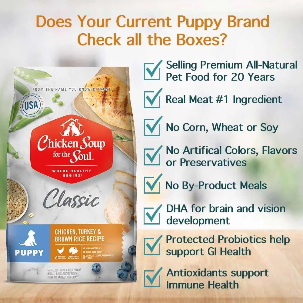 غذای خشک سگ توله مرغ، بوقلمون و برنج قهوه ای Chicken Soup for The Soul، کیسه 13.5 پوندی، بدون سویا، بدون ذرت، بدون گندم، غذای خشک سگ تهیه شده با مواد واقعی بدون طعم دهنده ها یا مواد نگهدارنده مصنوعی