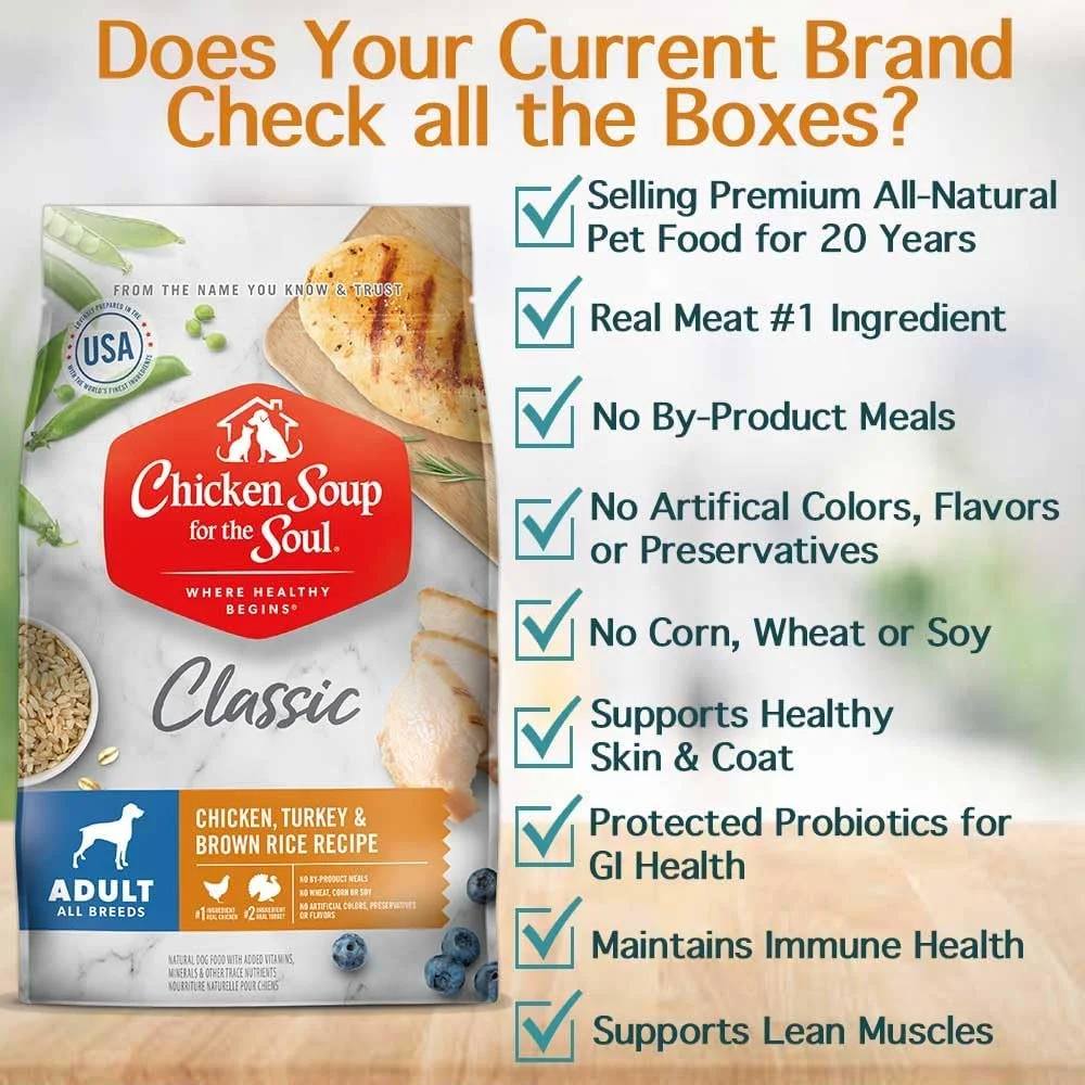 غذای خشک سگ Chicken Soup for the Soul با طعم مرغ، بوقلمون و برنج قهوه ای، کیسه 4.5 پوندی | بدون سویا، بدون ذرت، بدون گندم | غذای خشک سگ تهیه شده با مواد اولیه واقعی (101002)