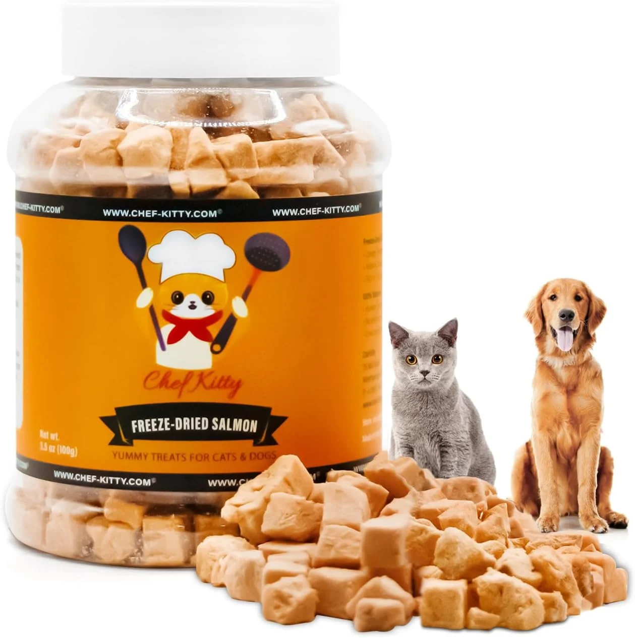 تشویقی سالمون خشک شده گربه و سگ Chef Kitty - تهیه شده از 100% سالمون صید شده در طبیعت - فقط 1 ماده تشکیل دهنده - غذای خشک سالم و خوشمزه برای گربه ها، سگ ها - بازرسی و آزمایش شده در ایالات متحده آمریکا - سالمون 99 گرم