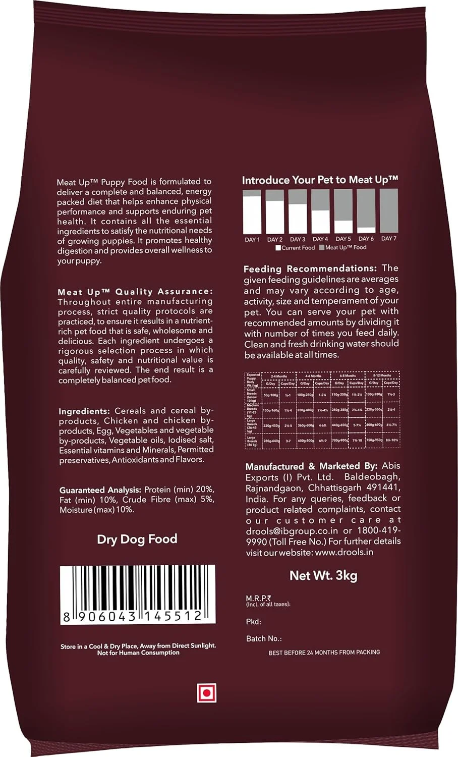 غذای خشک سگ بچه Meat Up، مرغ واقعی، 6 کیلوگرم (2 بسته 3 کیلوگرمی) | DHA برای رشد مغز، پروتئین بالا برای استخوان ها، مفاصل و رشد عضلات، امگا 3 و 6 برای پوست سالم، تقویت سیستم ایمنی