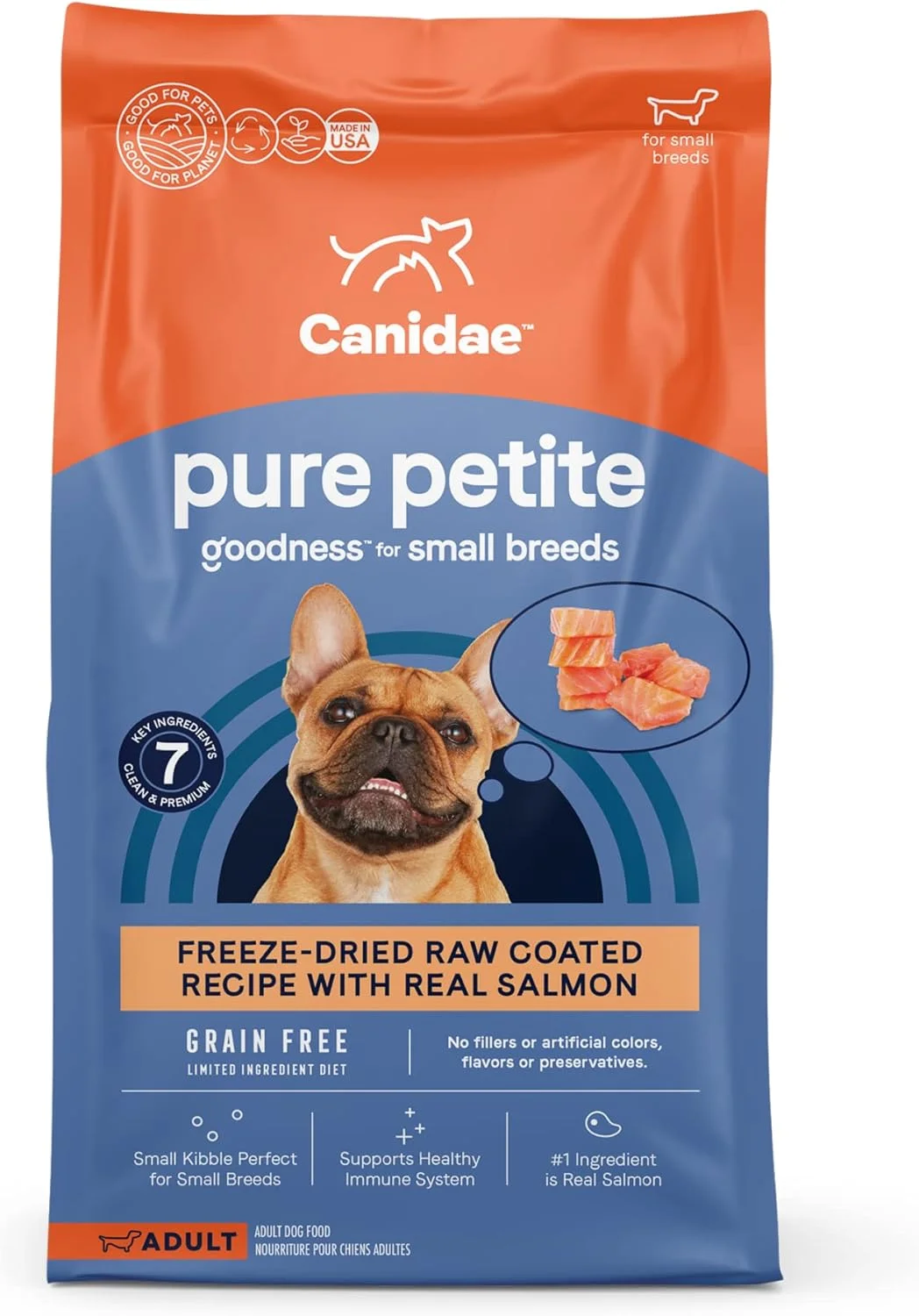 غذای خشک سگ بالغ نژاد کوچک Canidae PURE Petite با دستور پخت ماهی سالمون، با مواد اولیه محدود، پوشش داده شده با سالمون خام خشک شده، 4.5 کیلوگرم، بدون غلات