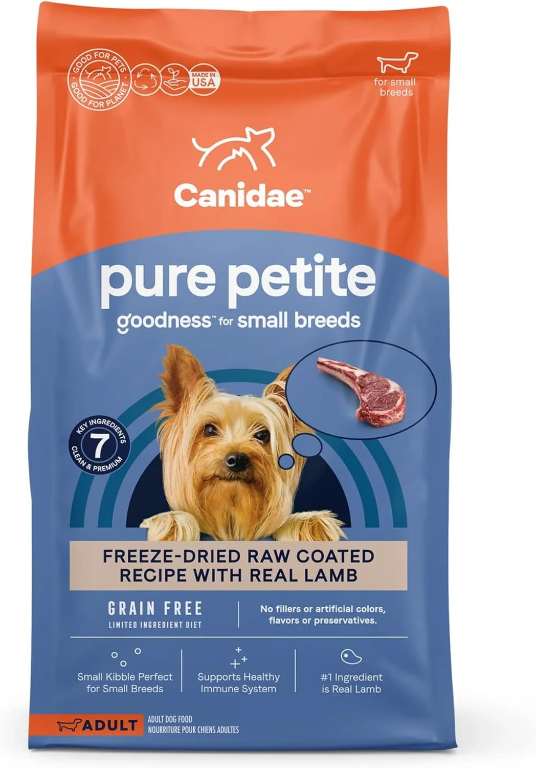 غذای خشک سگ نژاد کوچک Canidae PURE Petite با طعم بره، با مواد اولیه محدود و با کیفیت، پوشش داده شده با بره خام خشک شده، بدون غلات، 1.8 کیلوگرم