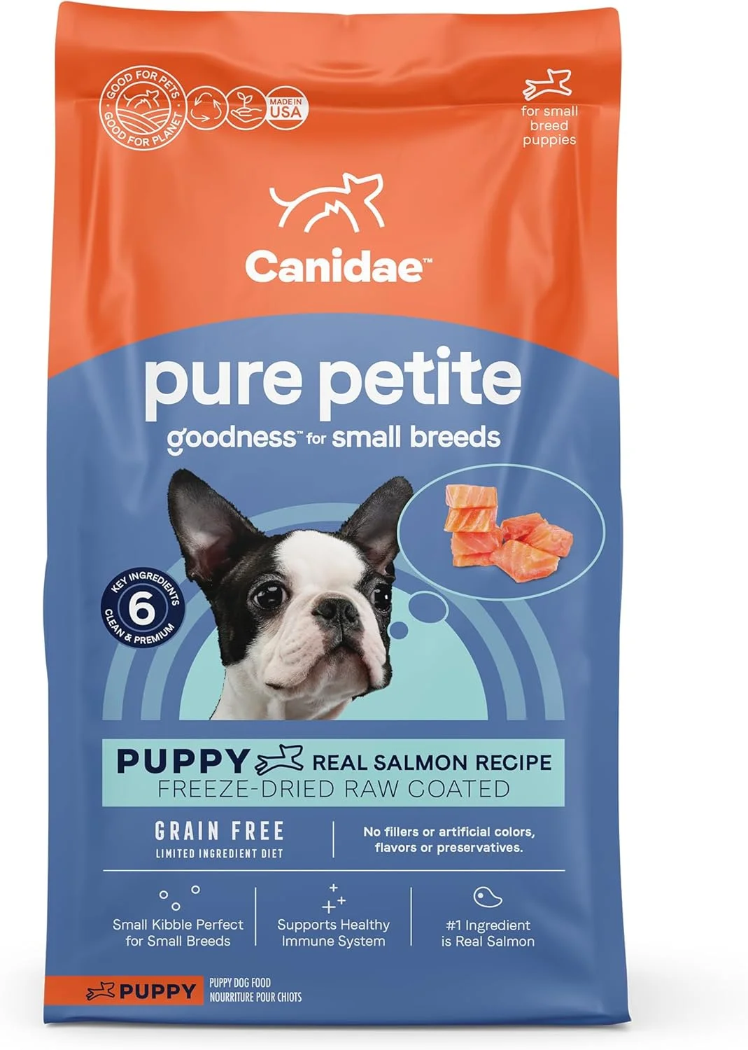 غذای خشک سگ نژاد کوچک Canidae PURE Petite با دستور پخت ماهی سالمون، با مواد اولیه محدود، روکش شده با سالمون خام خشک شده، 10 پوند، بدون غلات