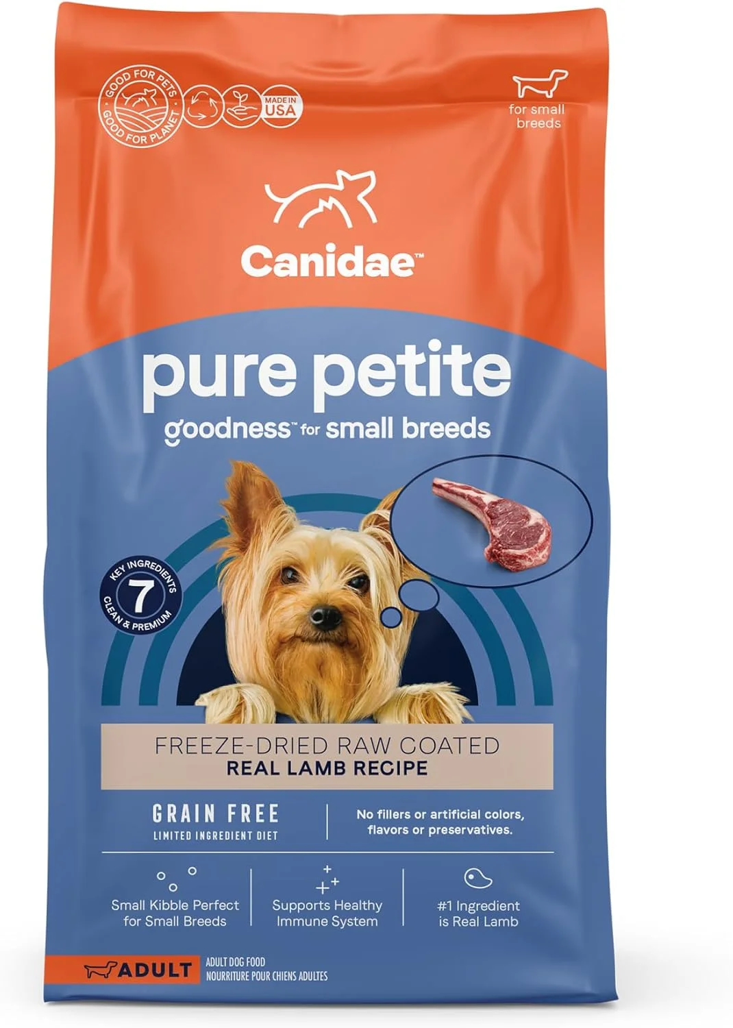 غذای خشک سگ بالغ نژاد کوچک Canidae PURE Petite با طعم بره، با مواد اولیه محدود، روکش شده با بره خام خشک شده، بدون غلات، 4.5 کیلوگرمی