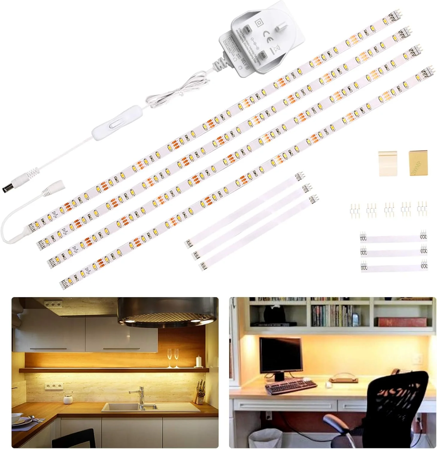کیت نورپردازی زیر کابینت WOBANE، نوار چراغ LED انعطاف پذیر 2 متری، 120 LED، 1100 لومن، 2700K سفید گرم، آداپتور 12 ولت، 4 عدد 50 سانتی متری