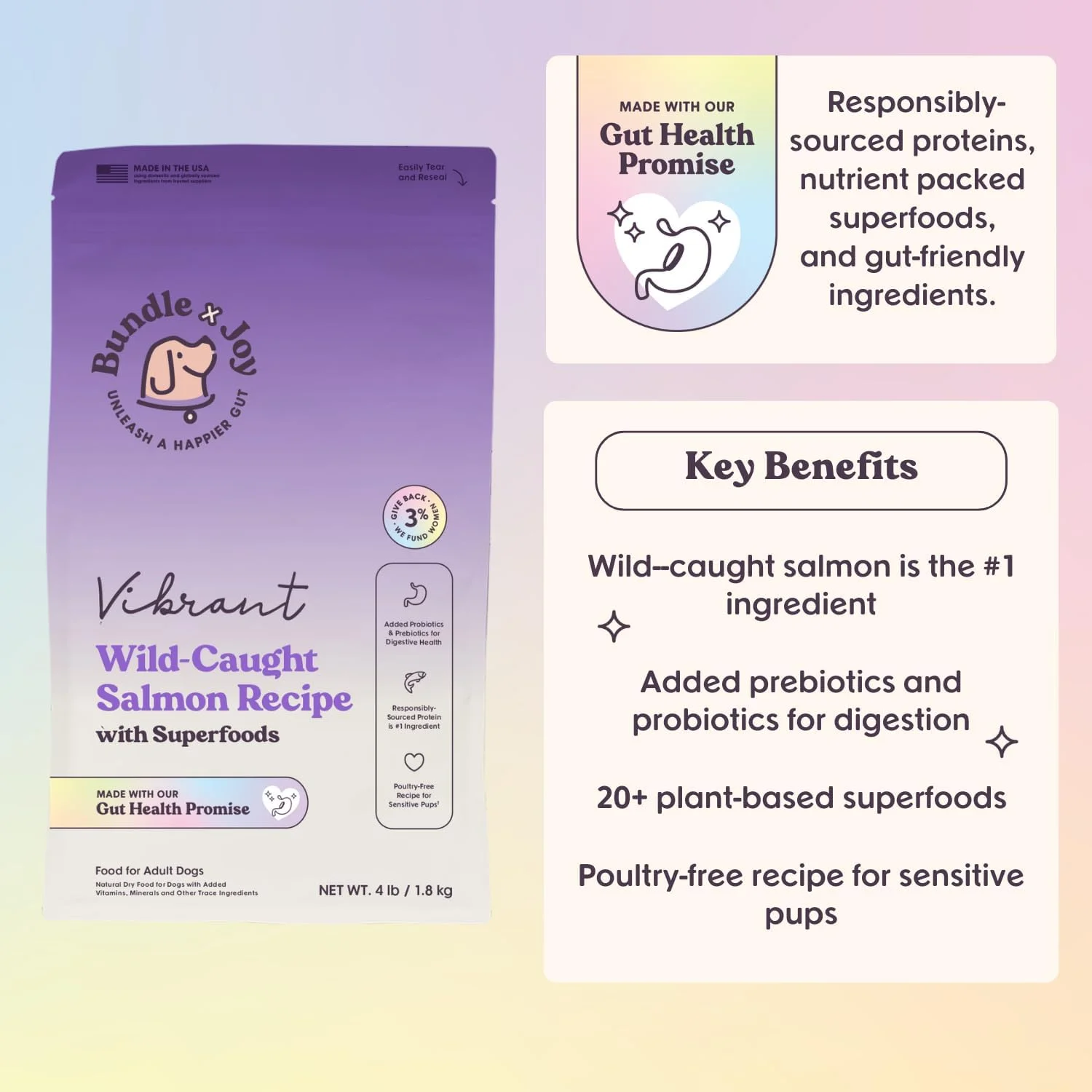 غذای خشک سگ پروبیوتیک Bundle x Joy Vibrant، طعم سالمون، کیسه 18 پوندی، غذای خشک مناسب آلرژی و تقویت کننده روده برای سگ های بالغ، تهیه شده با سالمون صید شده در طبیعت، حاوی 20 نوع سوپرفود گیاهی، بدون غلات و مرغ