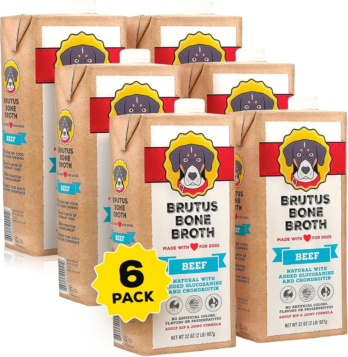 آبگوشت استخوان گاو بروتوس برای سگ ها - آبگوشت استخوان کاملا طبیعی با کندرویتین گلوکوزامین و زردچوبه، چاشنی غذای با کیفیت انسانی برای سگ های بد غذا و غذای خشک - خوشمزه و مغذی - بسته 6 عددی