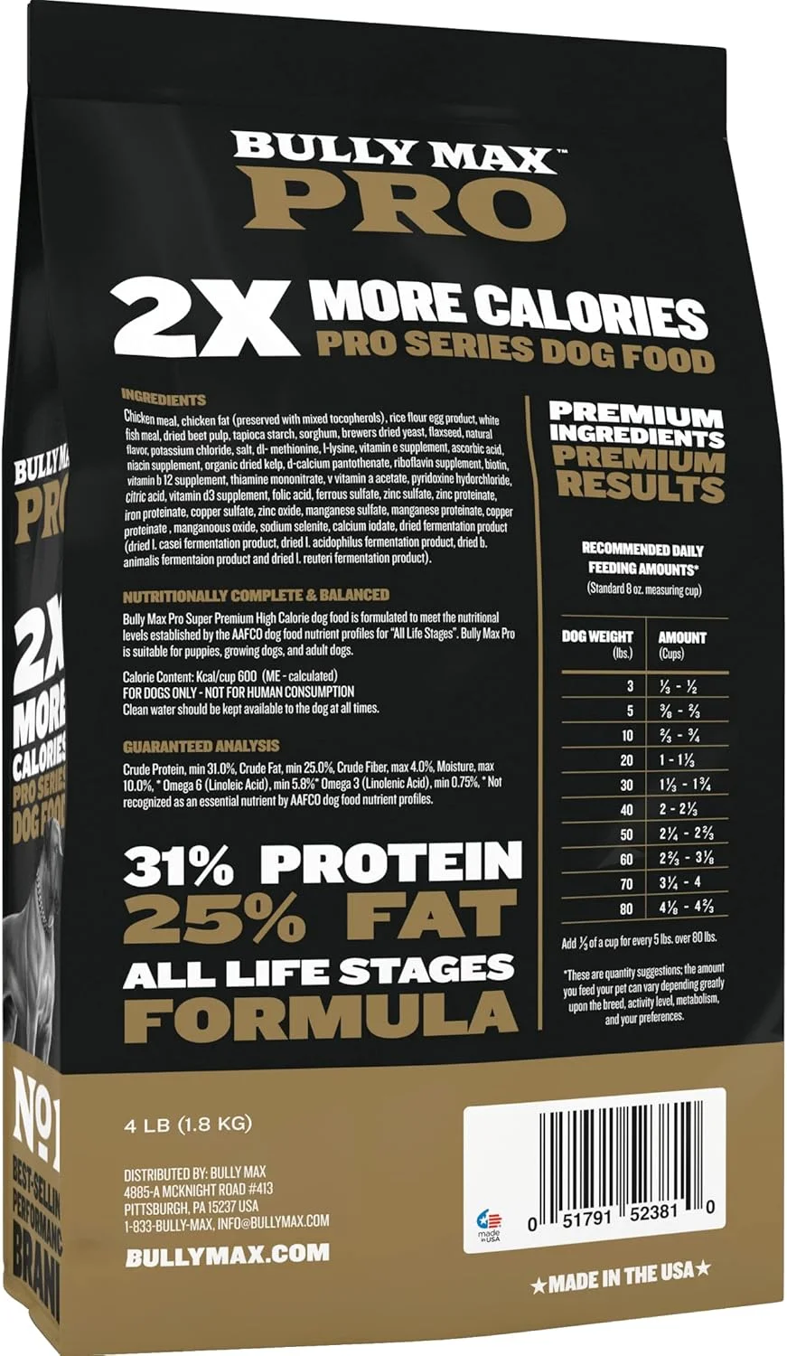 غذای خشک سگ پر کالری Bully Max Pro 2X - غذای توله سگ با پروتئین بالا برای سگ های بالغ و توله سگ ها - افزایش وزن سالم و عضله سازی برای نژادهای کوچک و بزرگ - پخته شده با حرارت ملایم، 600 کالری در هر پیمانه، 4 پوند