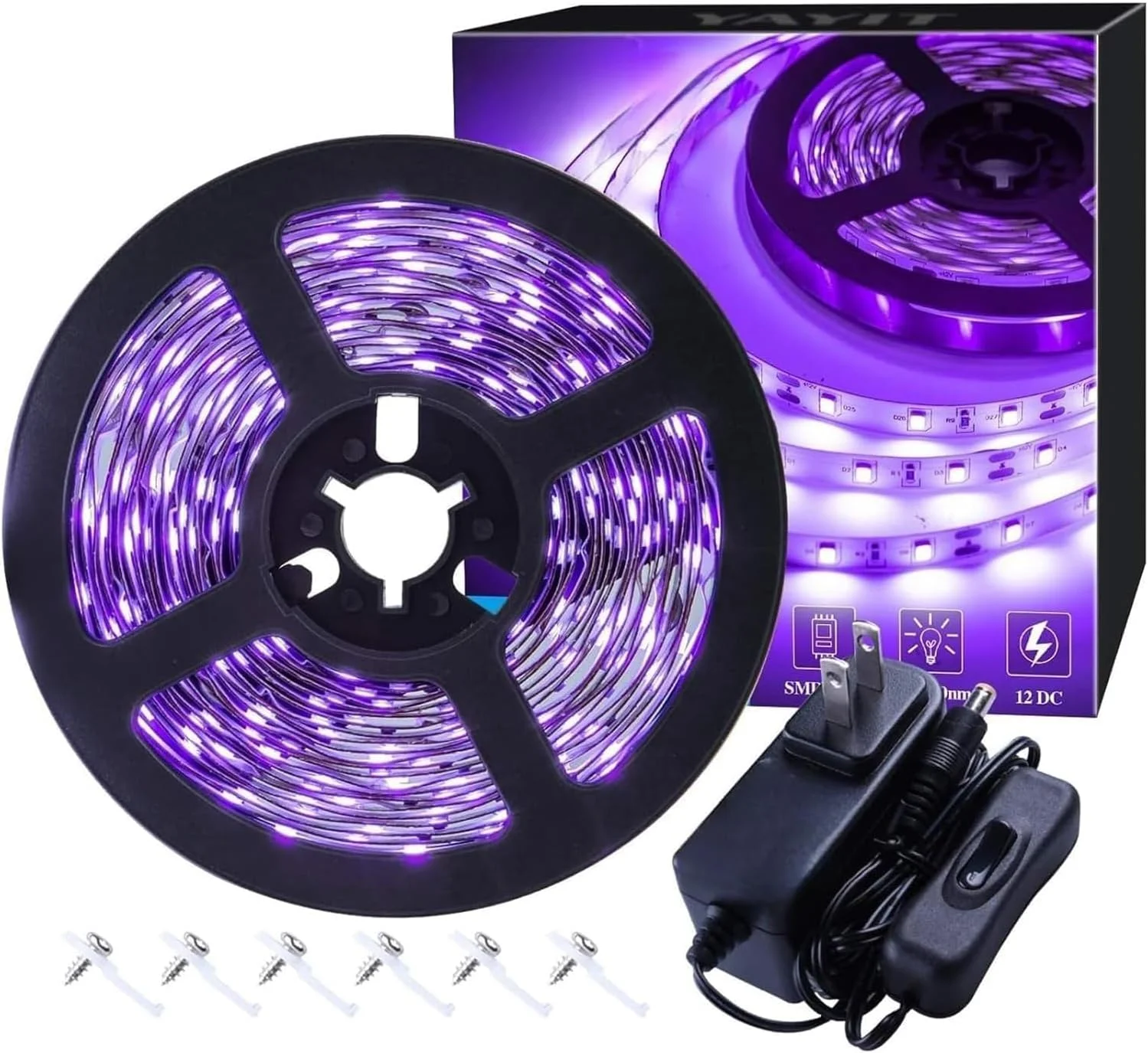 کیت نوار نور سیاه 6 و 12 متری THE WHITE SHOP، دارای 360 واحد LED، نوار LED انعطاف پذیر 12 ولت برای دکوراسیون داخلی منزل، اتاق خواب، مهمانی رقص فلورسنت، غیر ضد آب، میز پخت هالووین