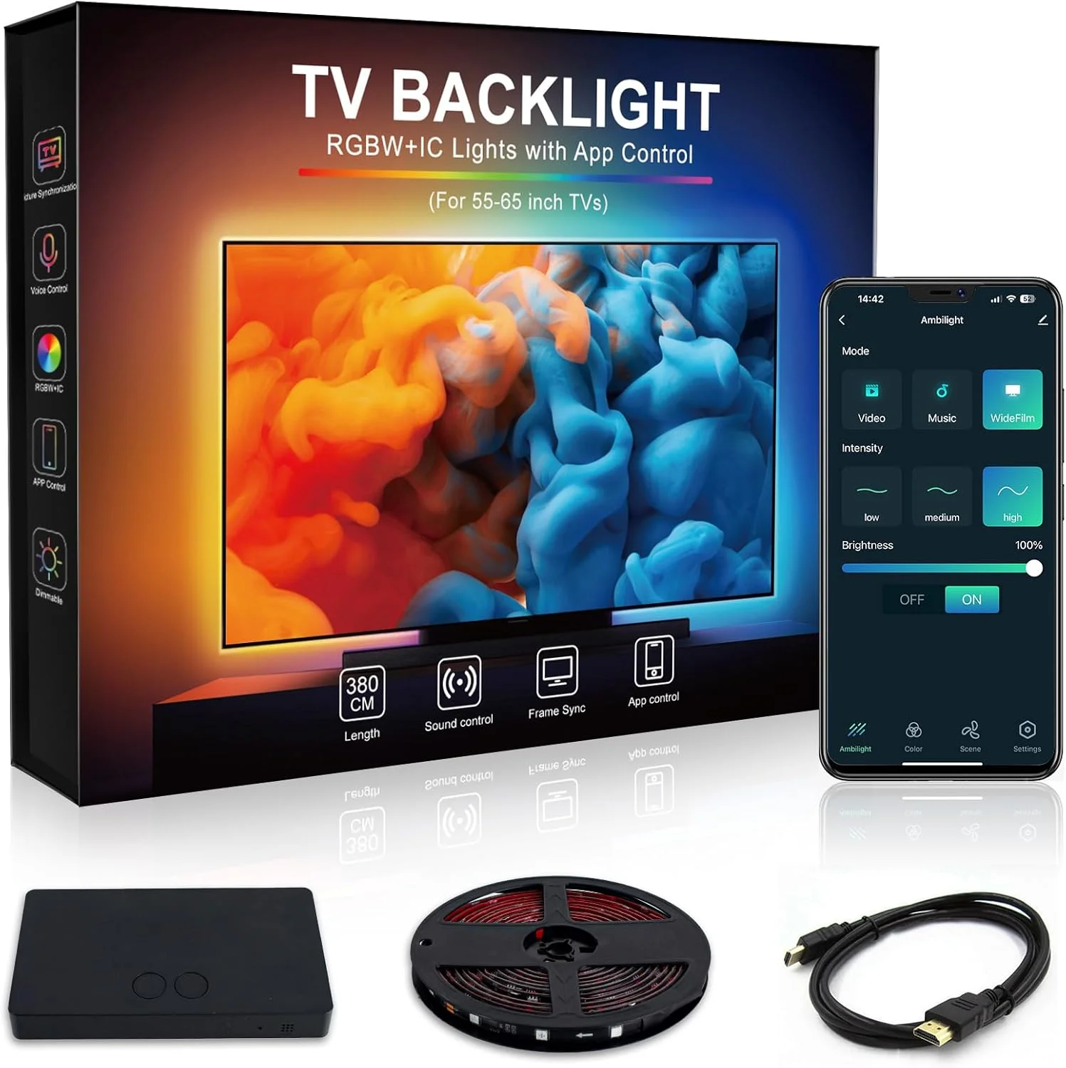 نور پس زمینه تلویزیون VKH با جعبه همگام سازی HDMI، نوار LED تلویزیون RGB IC WiFi 3.8 متری برای تلویزیون ها و رایانه های شخصی 55-65 اینچی، ارتقاء نور پس زمینه LED تلویزیون با کنترل برنامه و کنترل صدا