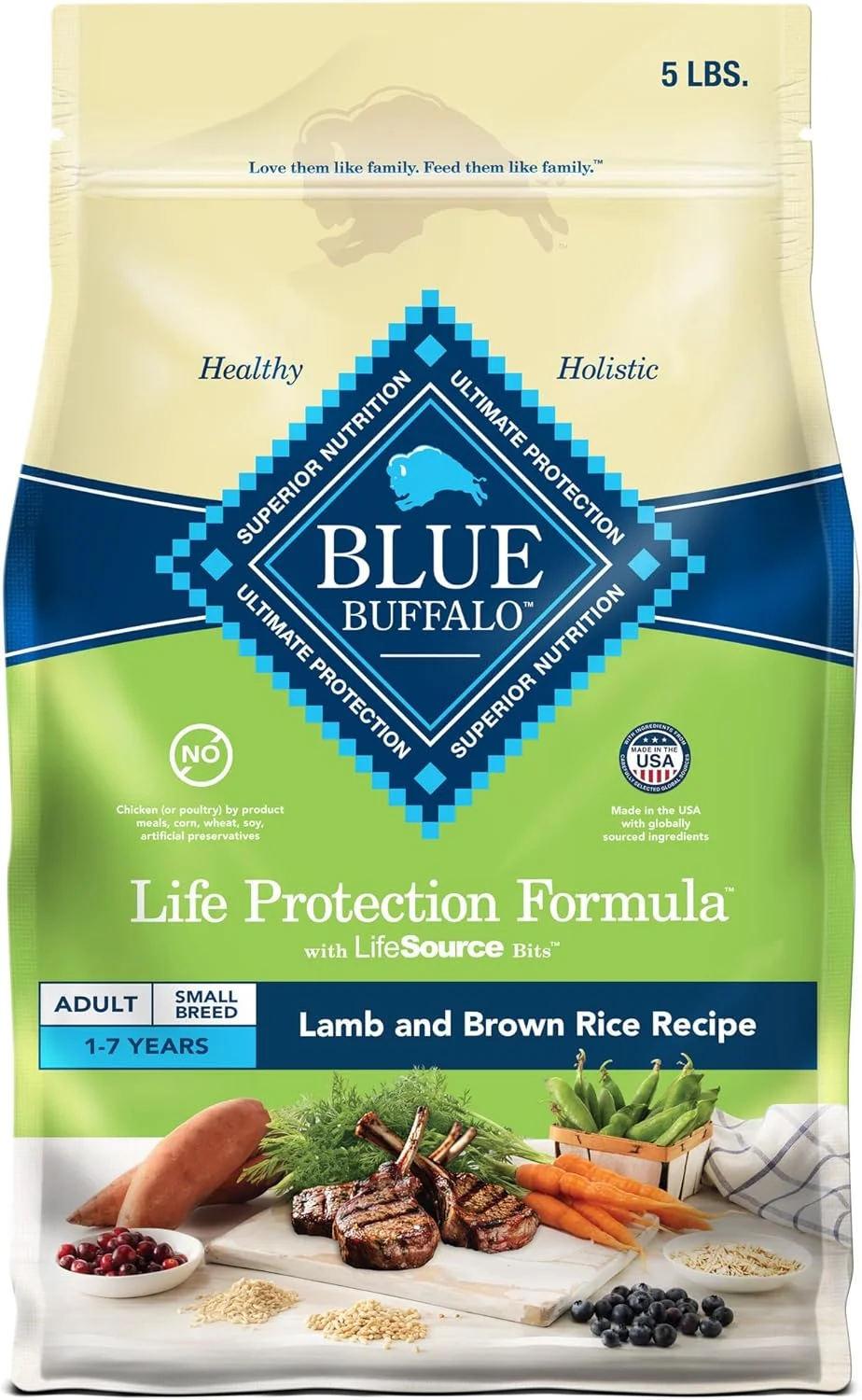 غذای خشک سگ نژاد کوچک بالغ Blue Buffalo Life Protection Formula، پشتیبانی از نیازهای انرژی بالا، ساخته شده با مواد طبیعی، دستور پخت بره و برنج قهوه ای، کیسه 5 پوندی