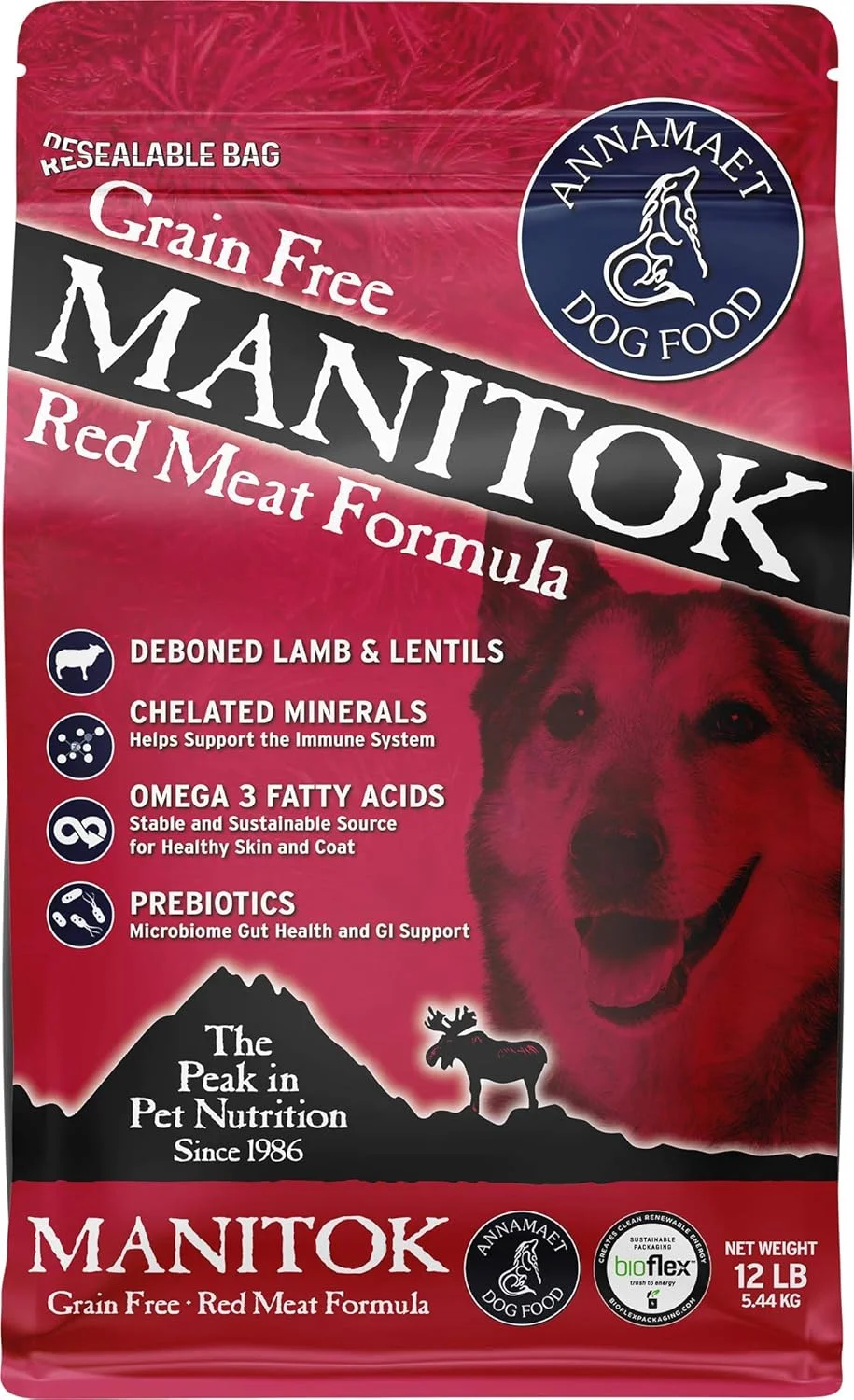 غذای خشک سگ بدون غلات Annamaet Manitok با گوشت قرمز (بره تازه)، کیسه 12 پوندی