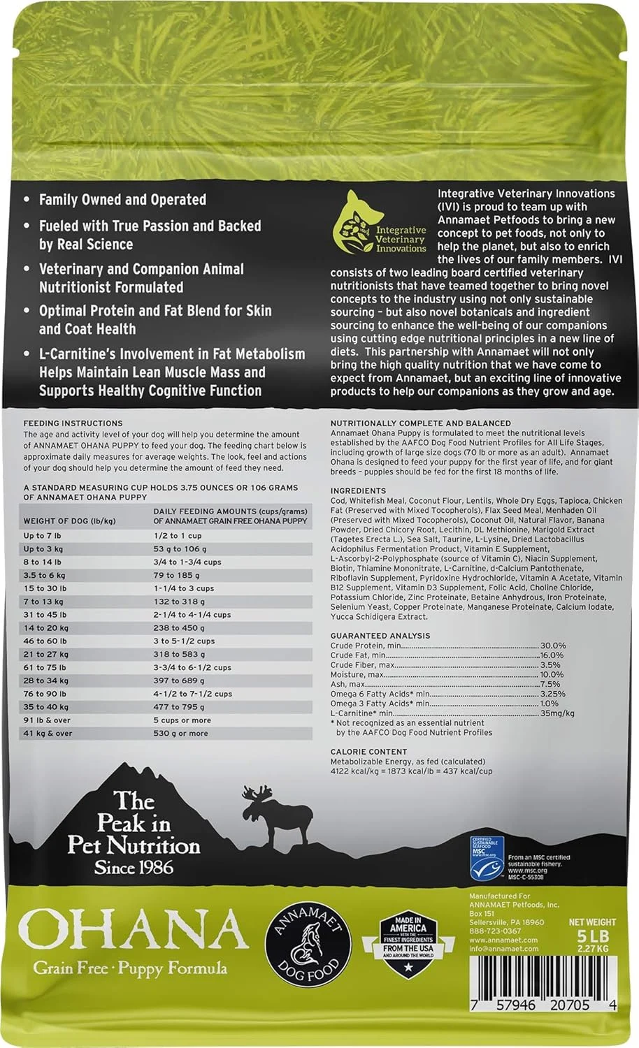 غذای خشک سگ بدون غلات فرمول توله سگ اوهانا Annamaet (ماهی کاد و ماهی سفید صید شده با قلاب) - کیسه 5 پوندی