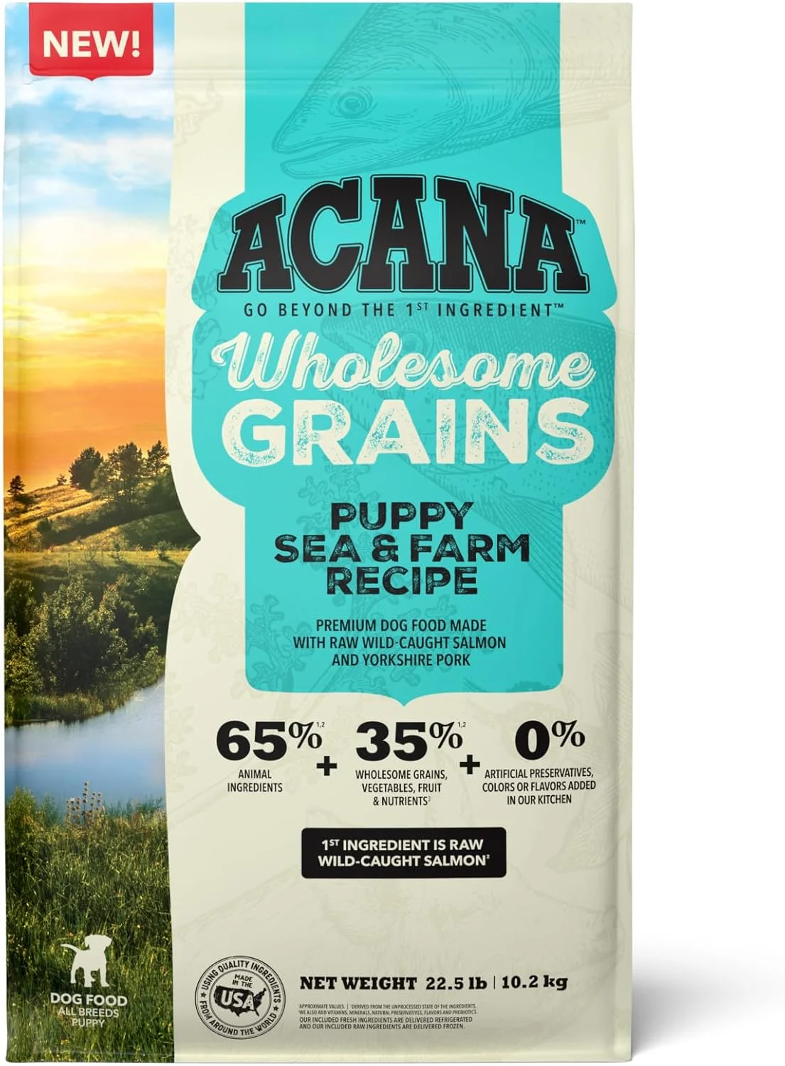 غذای خشک سگ با غلات کامل آکانا، دستور پخت دریایی و مزرعه ای توله سگ، 10.2 کیلوگرم